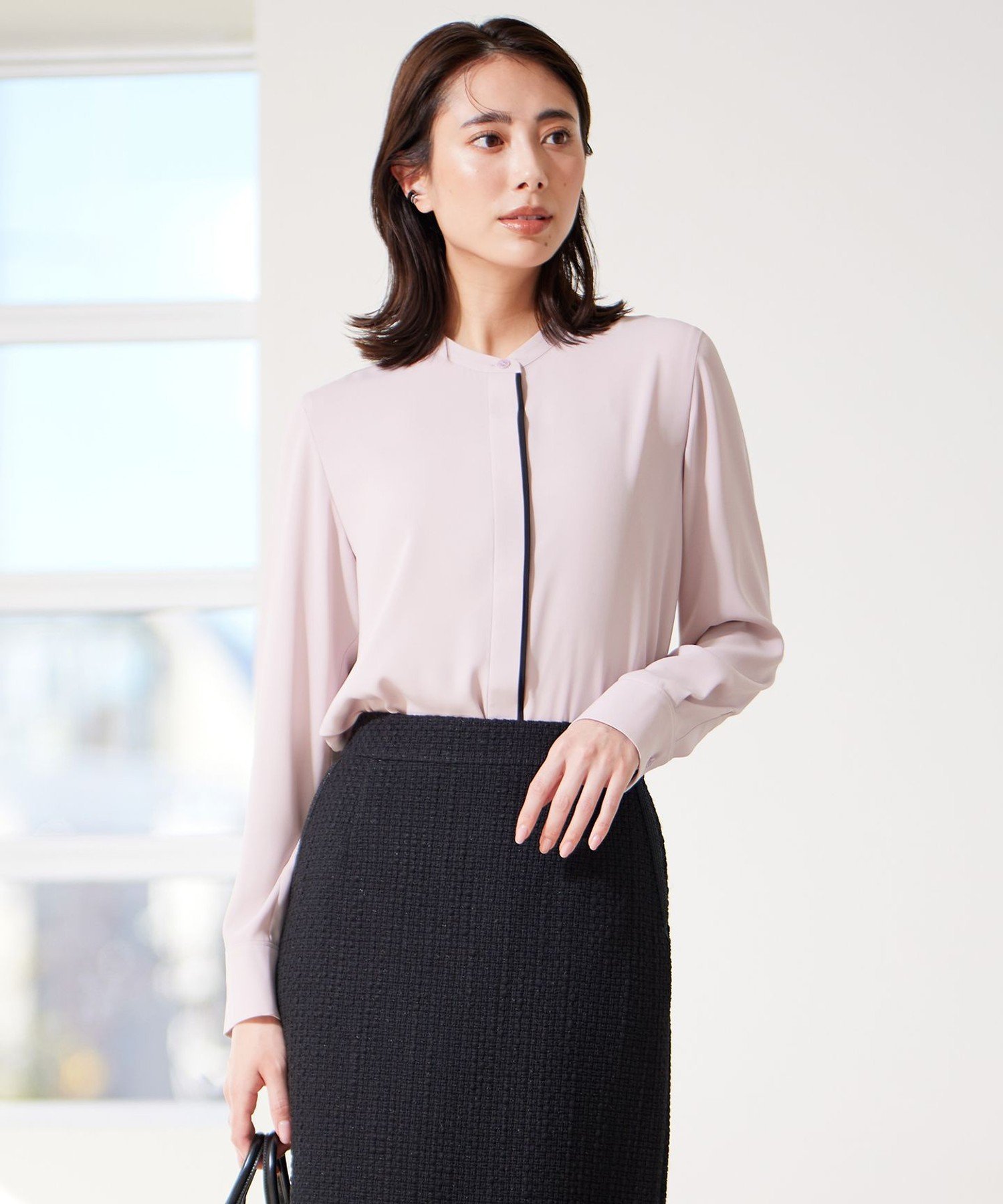 ICB L 【UVケア・速乾・洗える】BackSatinAmunzen バンドカラーブラウス アイシービー トップス シャツ・ブラウス ブラック ピンク ホワイト ネイビー ブルー