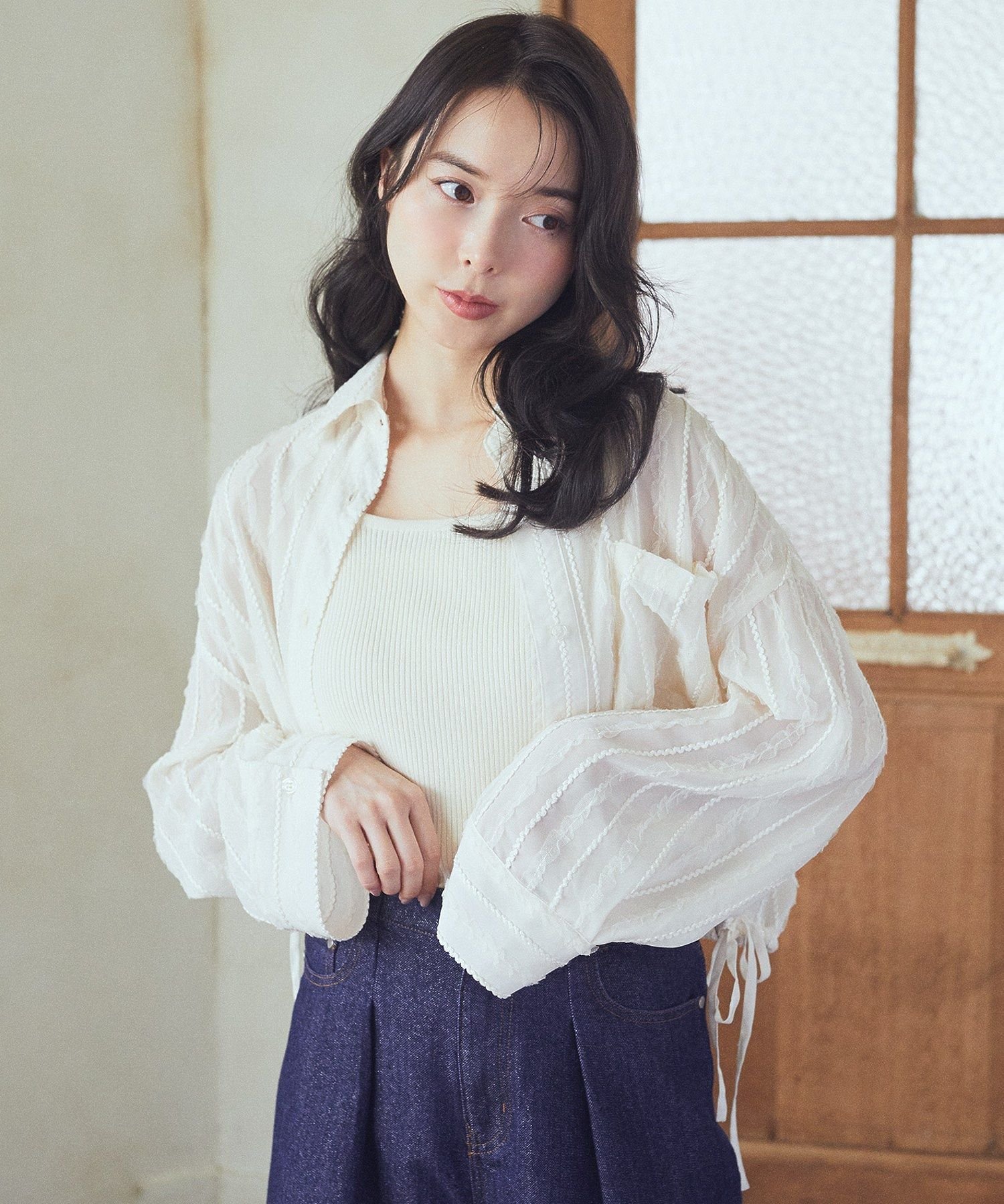 【SALE／25%OFF】earth music&ecology シアージャカードショートシャツ アースミュージック&エコロジー トップス シャツ・ブラウス ブルー ホワイト ブラックのサムネイル