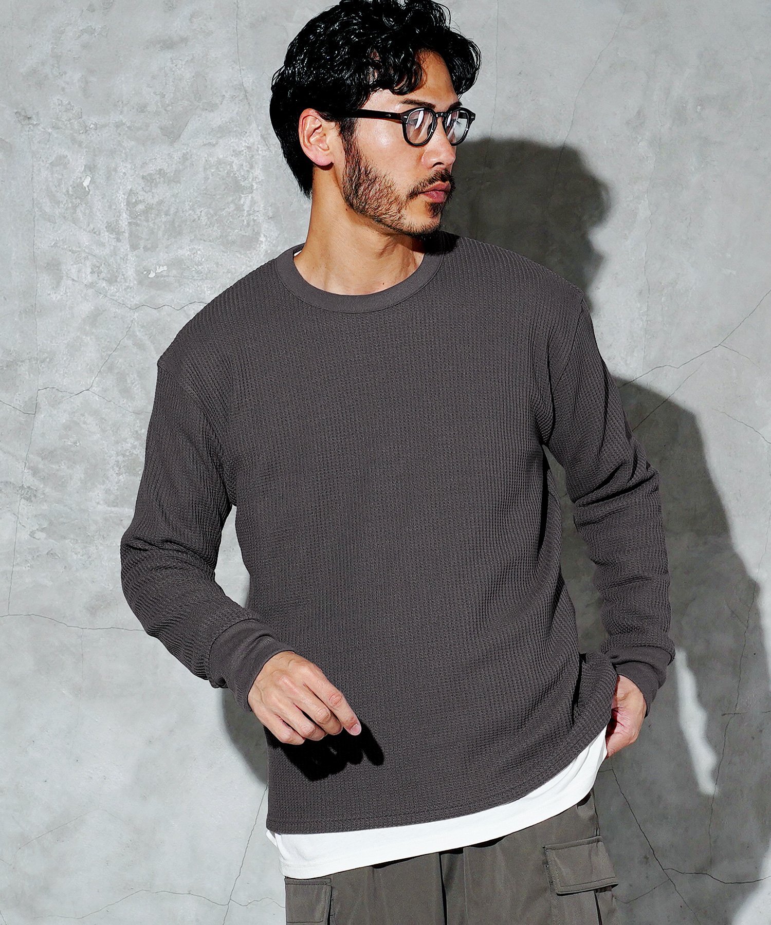 JIGGYS SHOP SELECT ワッフル編み サーマル クルーネック ロンT カットソー 26SS ジギーズショップ トップス カットソー・Tシャツ ブラック ホワイト ピンク グレー