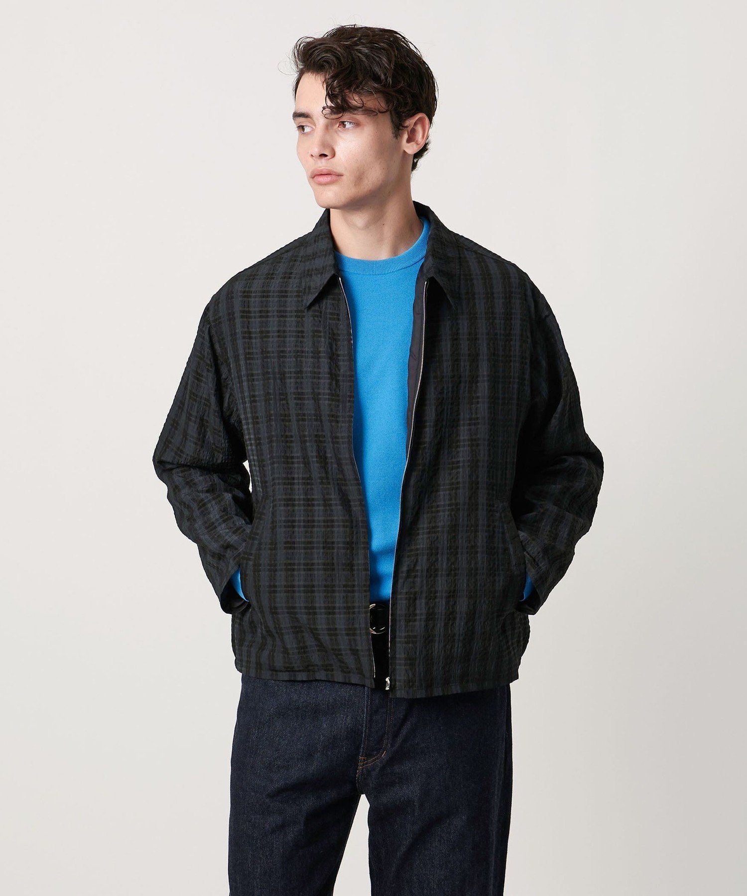 【SALE／30%OFF】UNITED ARROWS 米沢 シアーチェック ジップブルゾン 「SLOW & 」 ユナイテッドアローズ アウトレット ジャケット・アウター ブルゾン・ジャンパー ブラック ネイビー【送料無料】