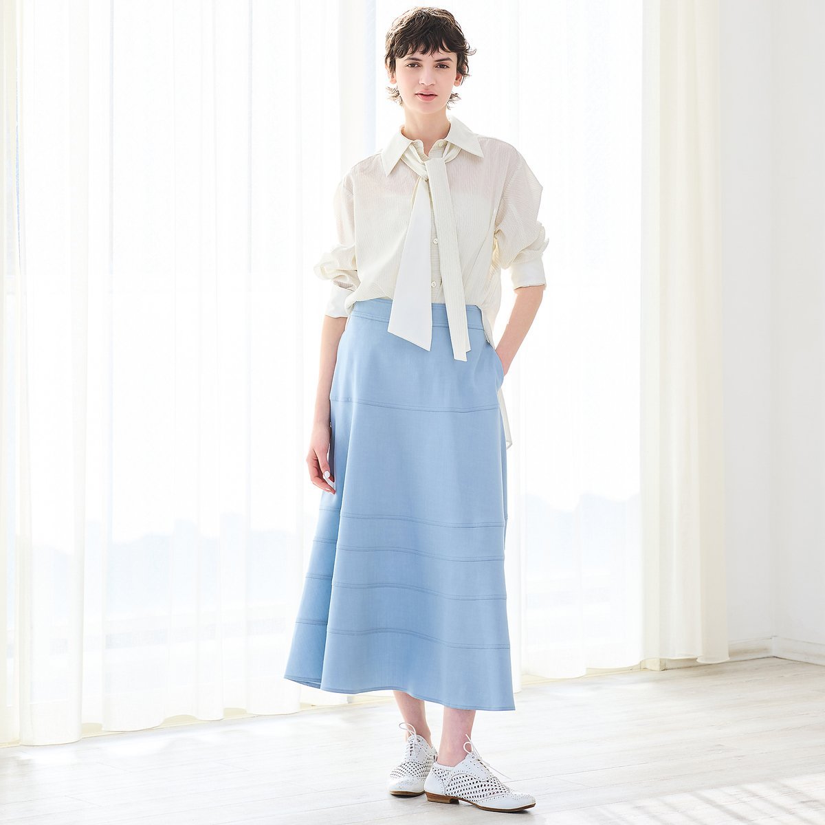 【SALE／50%OFF】R-ISM 【洗える・S/M/Lサイズ】デニムライクフレアスカート リズム スカート その他のスカート ブルー ネイビー【送料無料】