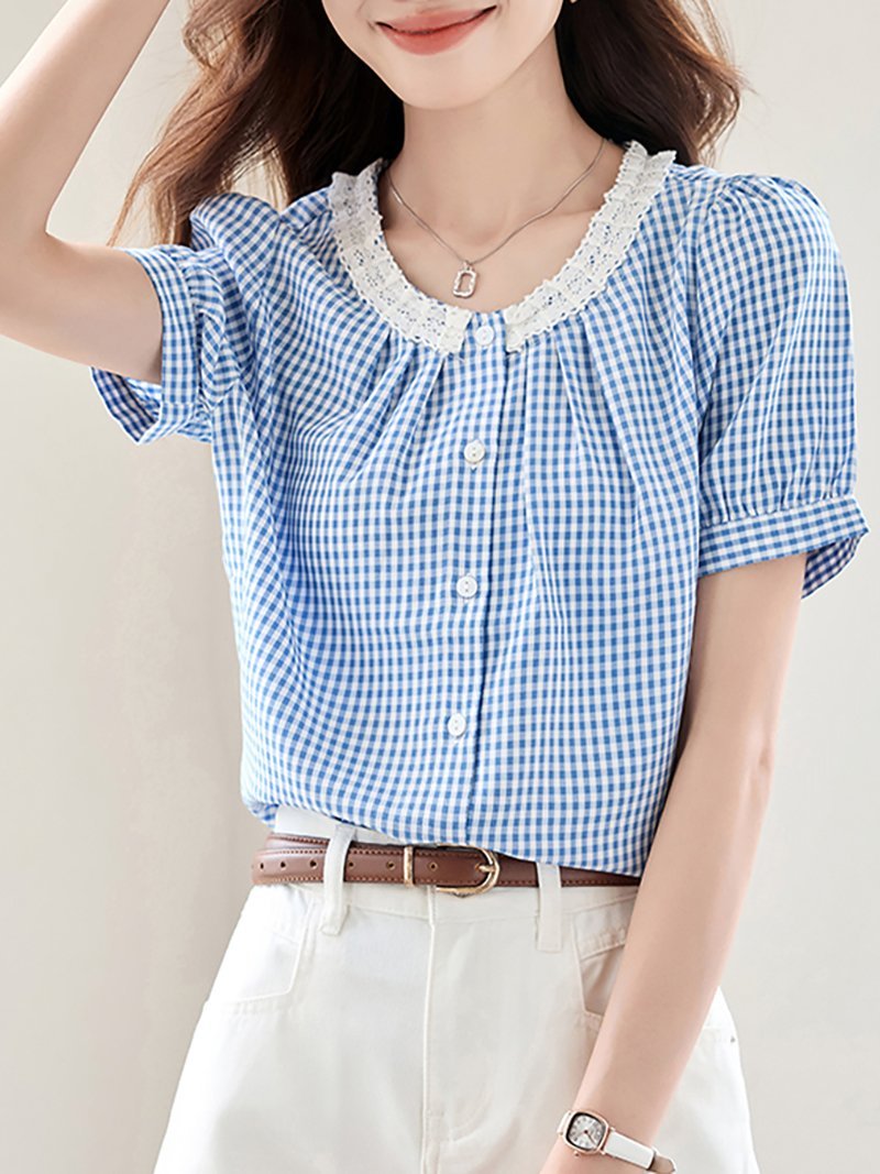 Doux Belle ギンガムチェックブラウス レディース トップス ドゥー・ベル トップス シャツ・ブラウス ブルー【送料無料】