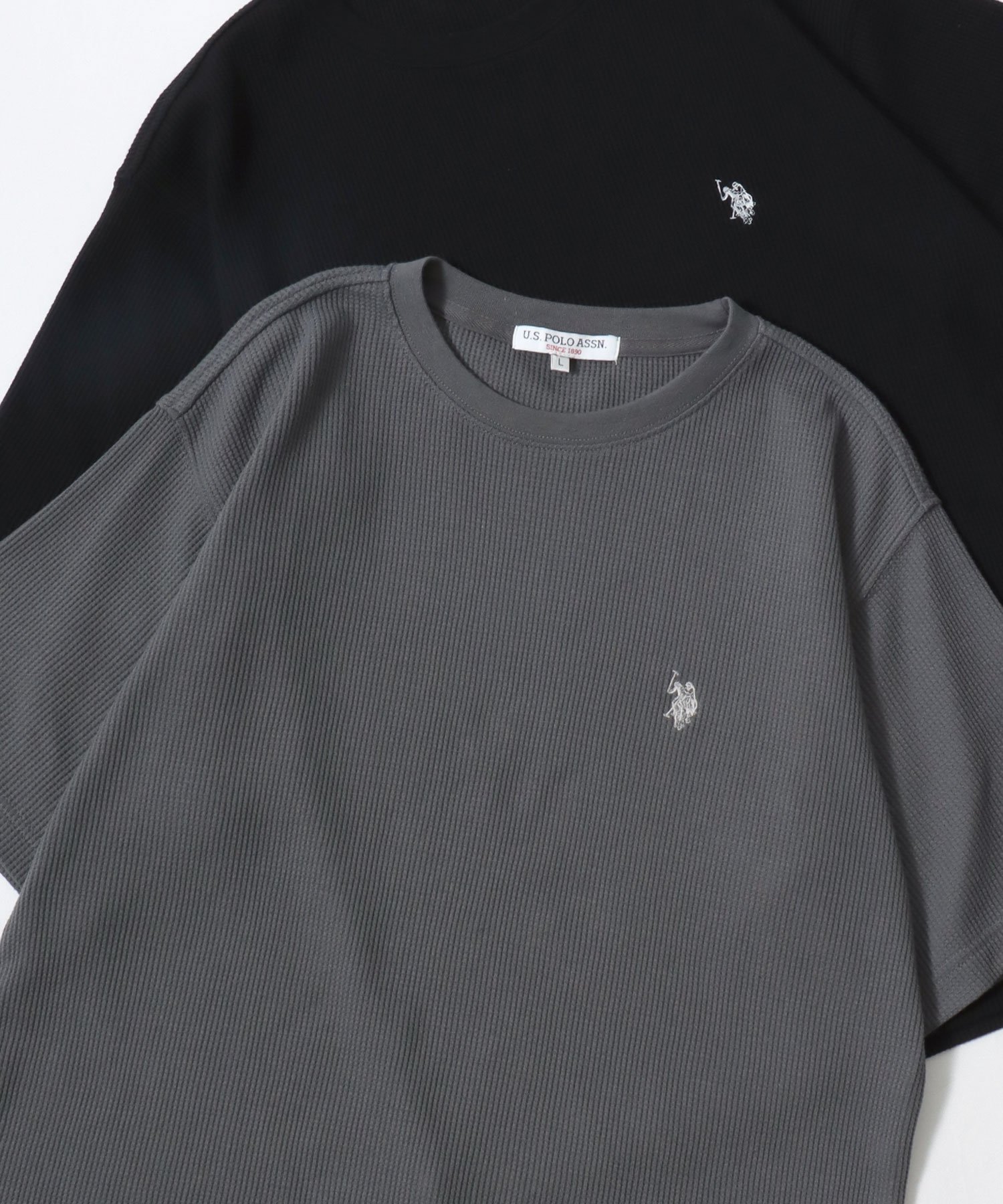 U.S. POLO ASSN. U.S. POLO ASSN. ユーエス ポロ アッスン 別注 Tシャツ ワッフル サーマル 無地 ロゴ ワンポイント刺繍 クルーネック 半袖 ティーシャツ レディース メンズ ラザル トップス カットソー・Tシャツ ブラック ホワイト ネイビー