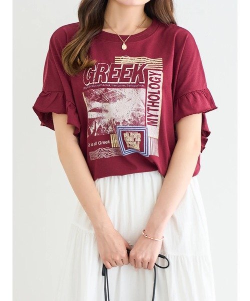 Ludic Park 袖フリルバンドカラーTシャツ ルディックパーク トップス カットソー・Tシャツ グレー ホワイト ワインレッド