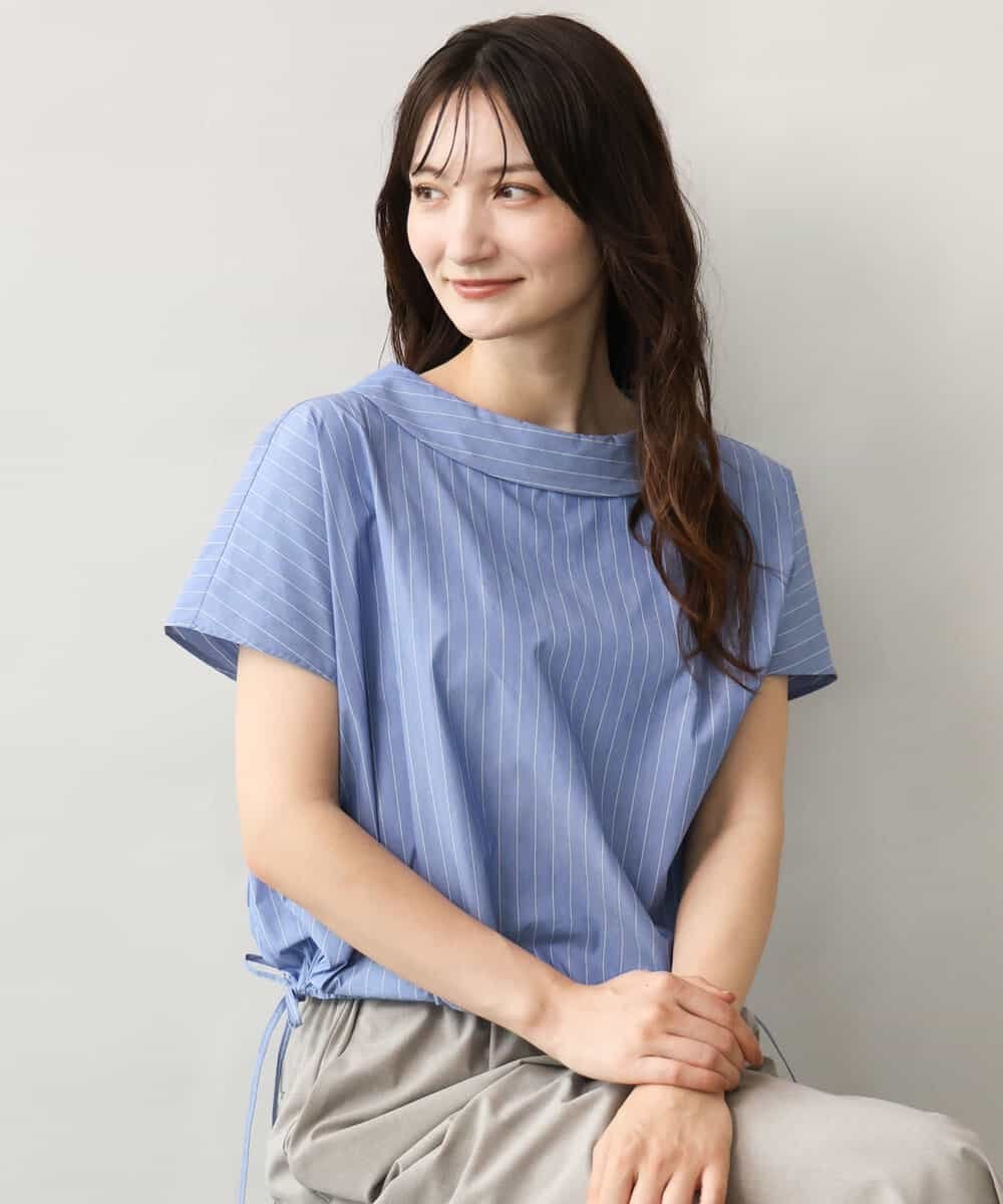 MK MICHEL KLEIN [接触冷感/洗える]ロールネック ギャザースリーブブラウス(半袖) エムケーミッシェルクラン トップス シャツ・ブラウス ネイビー グレー