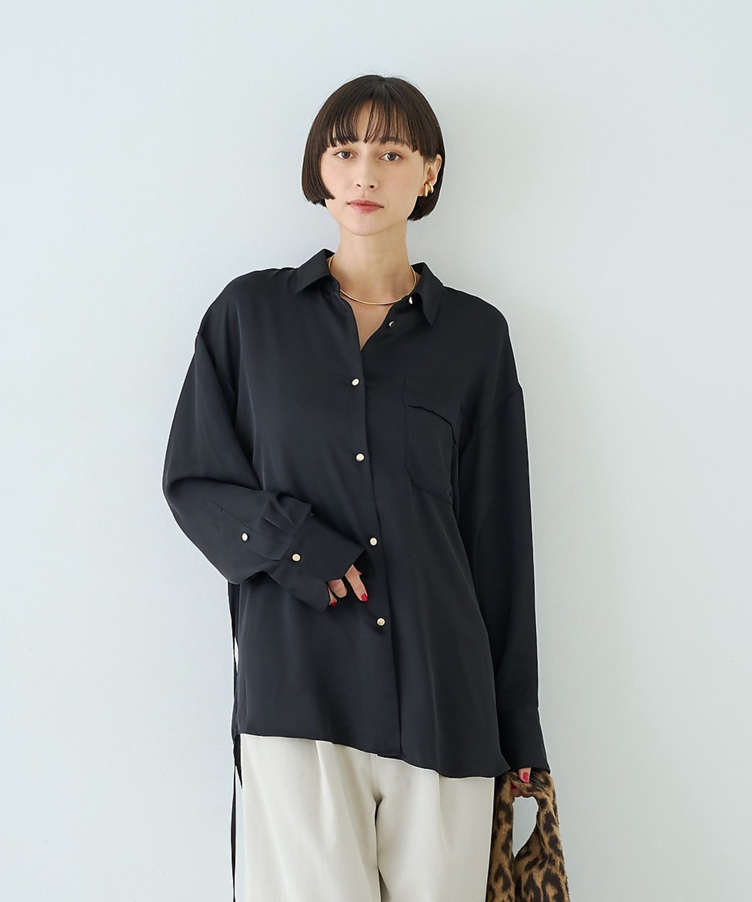 Rouge vif la cle サテンウエストリボン付きシャツ【予約】 ルージュ・ヴィフ ラクレ トップス シャツ・ブラウス ブラウン ブラック