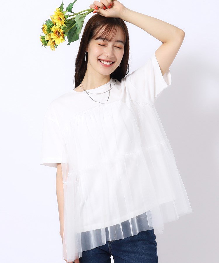 【SALE／10%OFF】SHOO・LA・RUE 【高レビュー】チュールが目を惹く! 大人の技ありTシャツ シューラルー トップス カットソー・Tシャツ ホワイト グレー ブラック