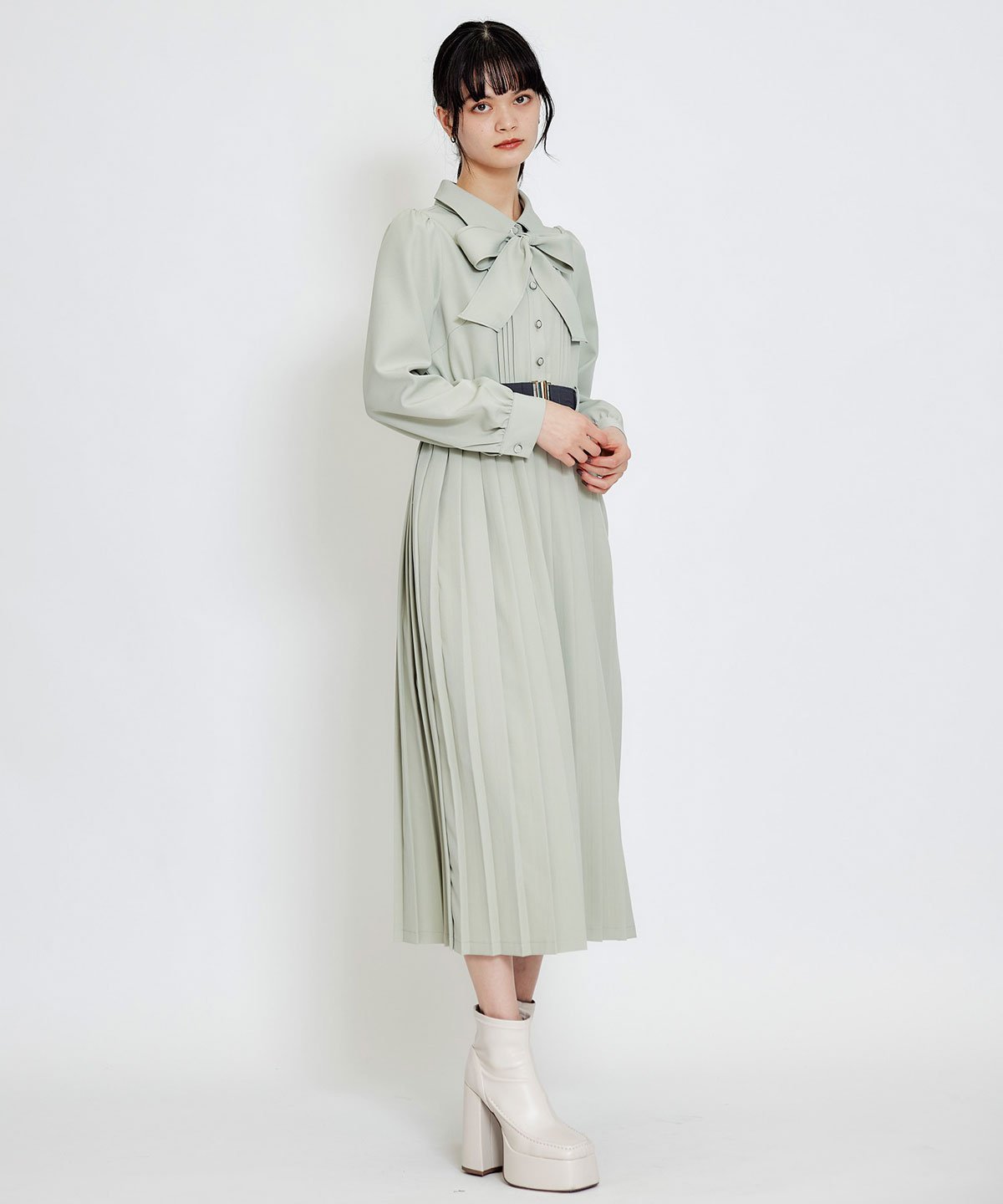 REDYAZEL リボンタイプリーツロングシャツワンピース レディアゼル ワンピース・ドレス その他のワンピース・ドレス グリーン ネイビー【送料無料】