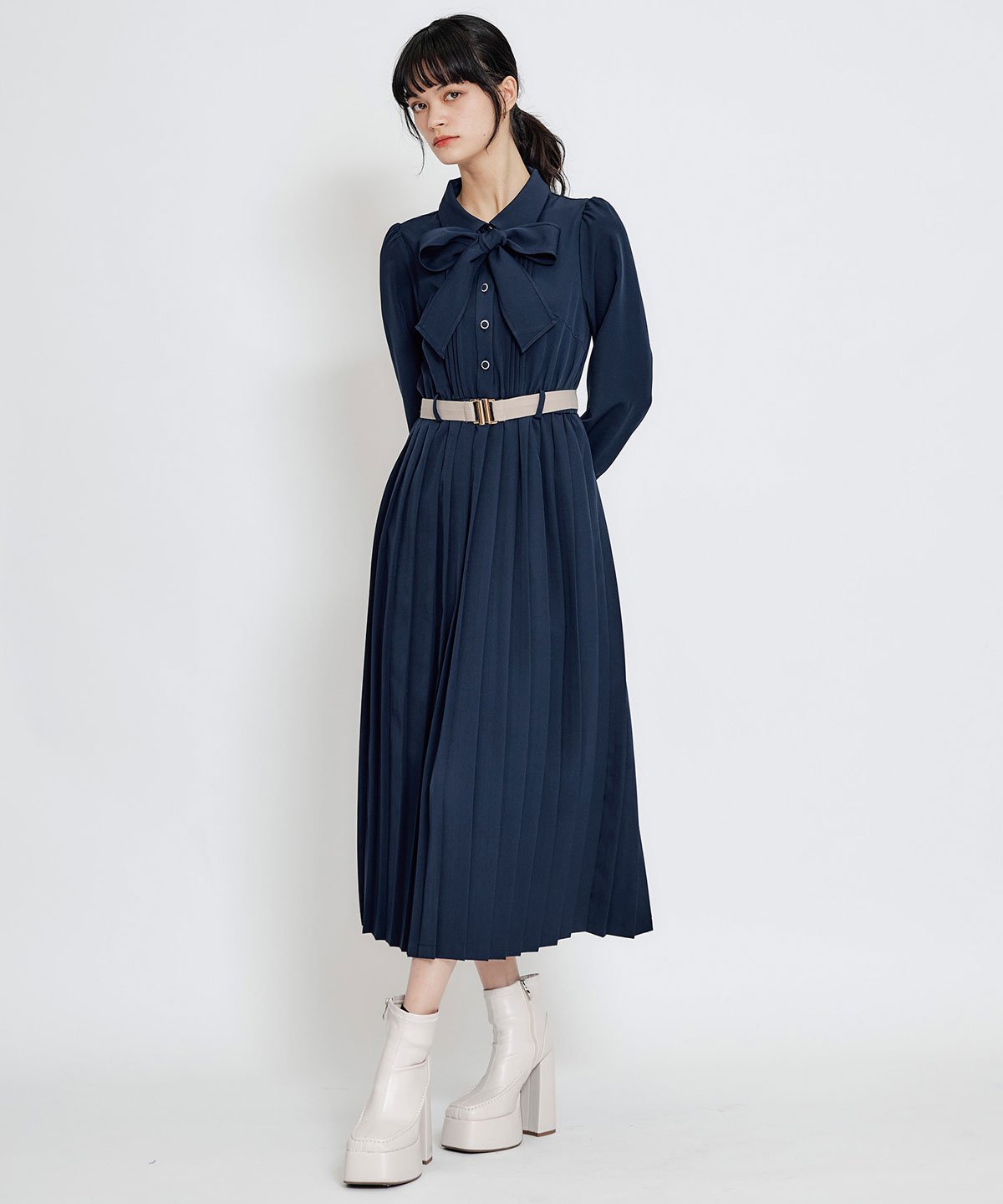 REDYAZEL リボンタイプリーツロングシャツワンピース レディアゼル ワンピース・ドレス その他のワンピース・ドレス グリーン ネイビー