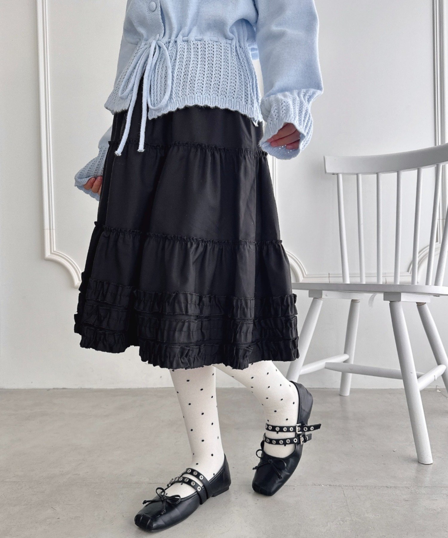 【SALE／20%OFF】Loueme 裾フリルティアードミディスカート アウトフィッターラボ スカート ミディアムスカート ネイビー ブラック グレー ホワイト【送料無料】