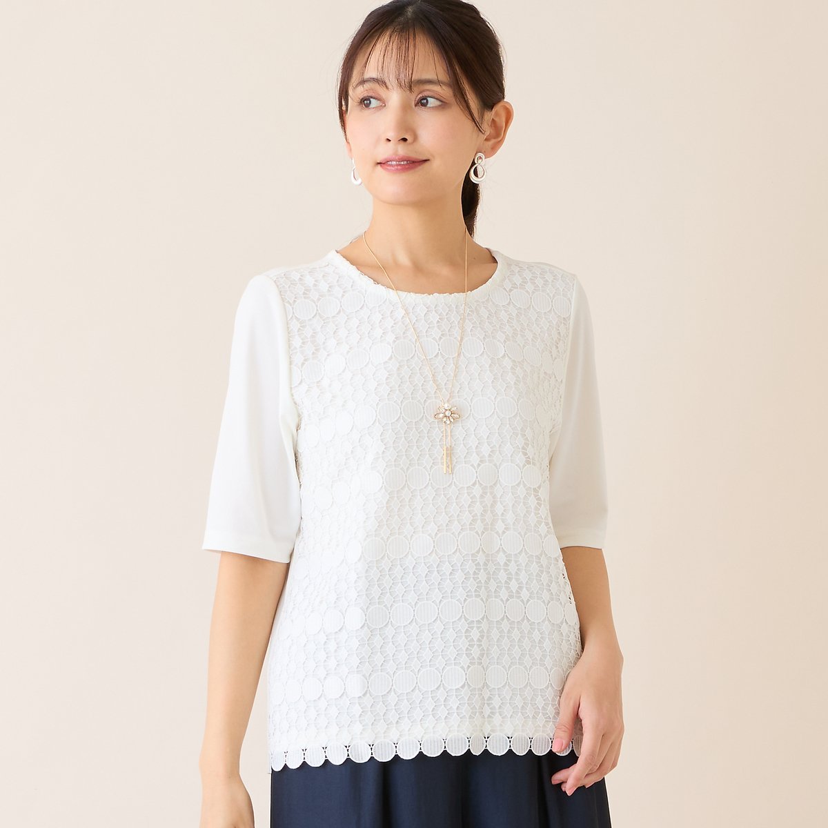 LOBJIE 【洗える・アンサンブル可】サークルレースカットソー ロブジェ トップス カットソー・Tシャツ ブラック ホワイト