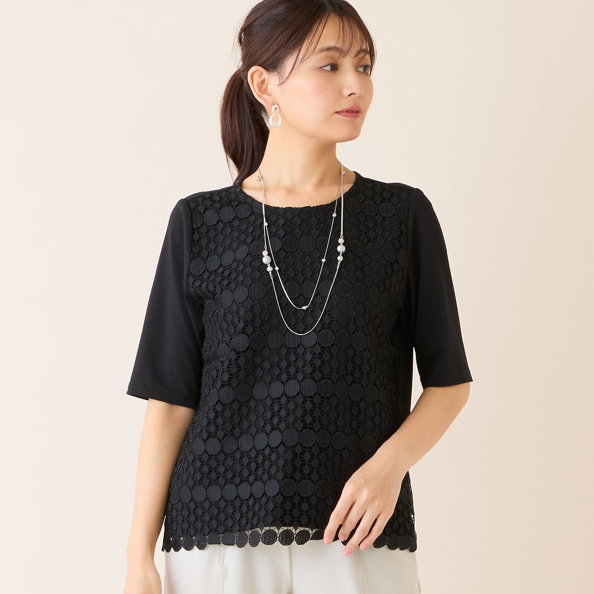 LOBJIE 【洗える・アンサンブル可】サークルレースカットソー ロブジェ トップス カットソー・Tシャツ ブラック ホワイト