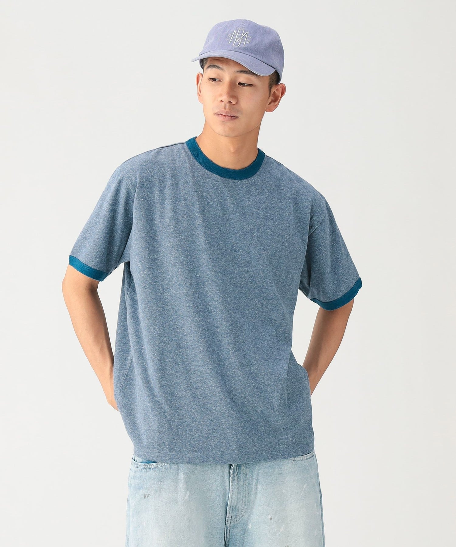 BEAMS ダメージ リンガー Tシャツ【リラックスフィット】 ビームス メン トップス カットソー・Tシャツ ネイビー グレー【送料無料】