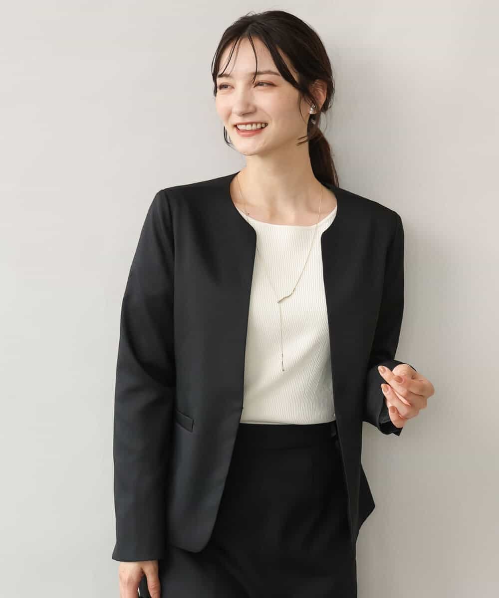 MK MICHEL KLEIN [セットアップ対応/洗える]イージーツイル カラーレスジャケット エムケーミッシェルクラン ジャケット・アウター ノーカラージャケット ブラウン ブラック