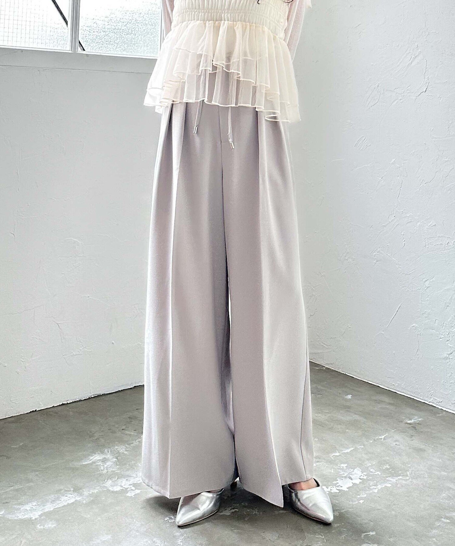 【SALE／50%OFF】archives ウエストリボンワイドスラックス アルシーヴ パンツ その他のパンツ グレー ネイビー ホワイト