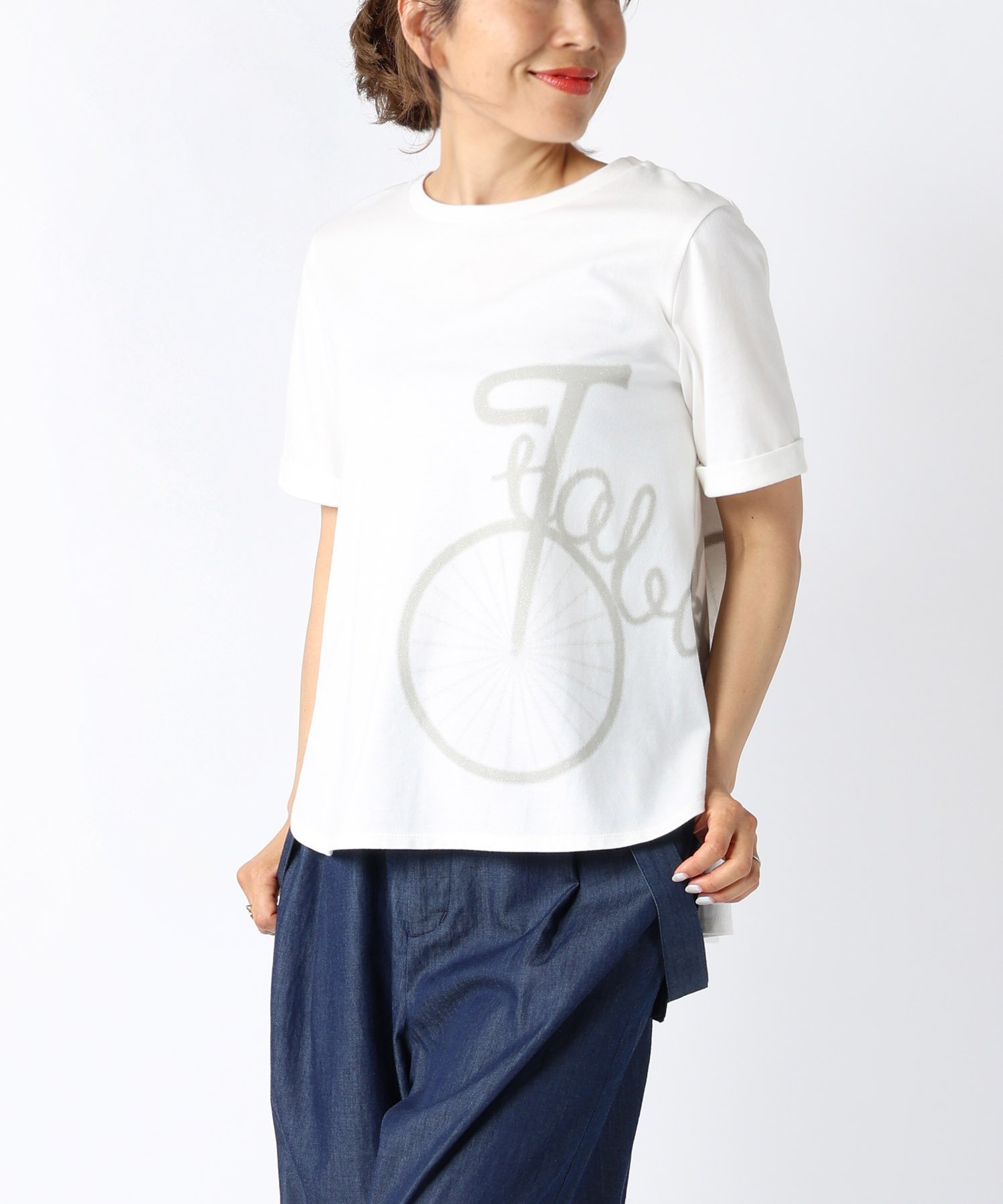 TABASA 天竺*自転車プリント Tシャツ タバサ トップス カットソー・Tシャツ ブラック ホワイト