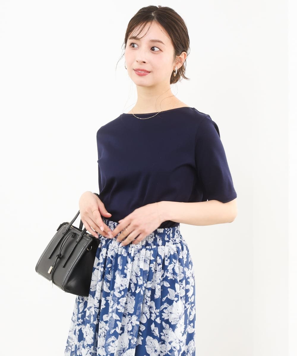 MK MICHEL KLEIN（小さいサイズ） 【小さいサイズ】シルケットフライス半袖カットソー/洗える メゾンドゥサンク トップス カットソー・Tシャツ ネイビー ホワイト