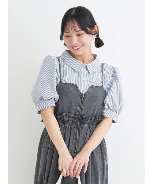 Re-J&SUPURE フラワー刺繍シャツ(無地/ストライプ) リジェイアンドスプル トップス シャツ・ブラウス ホワイト ブルー