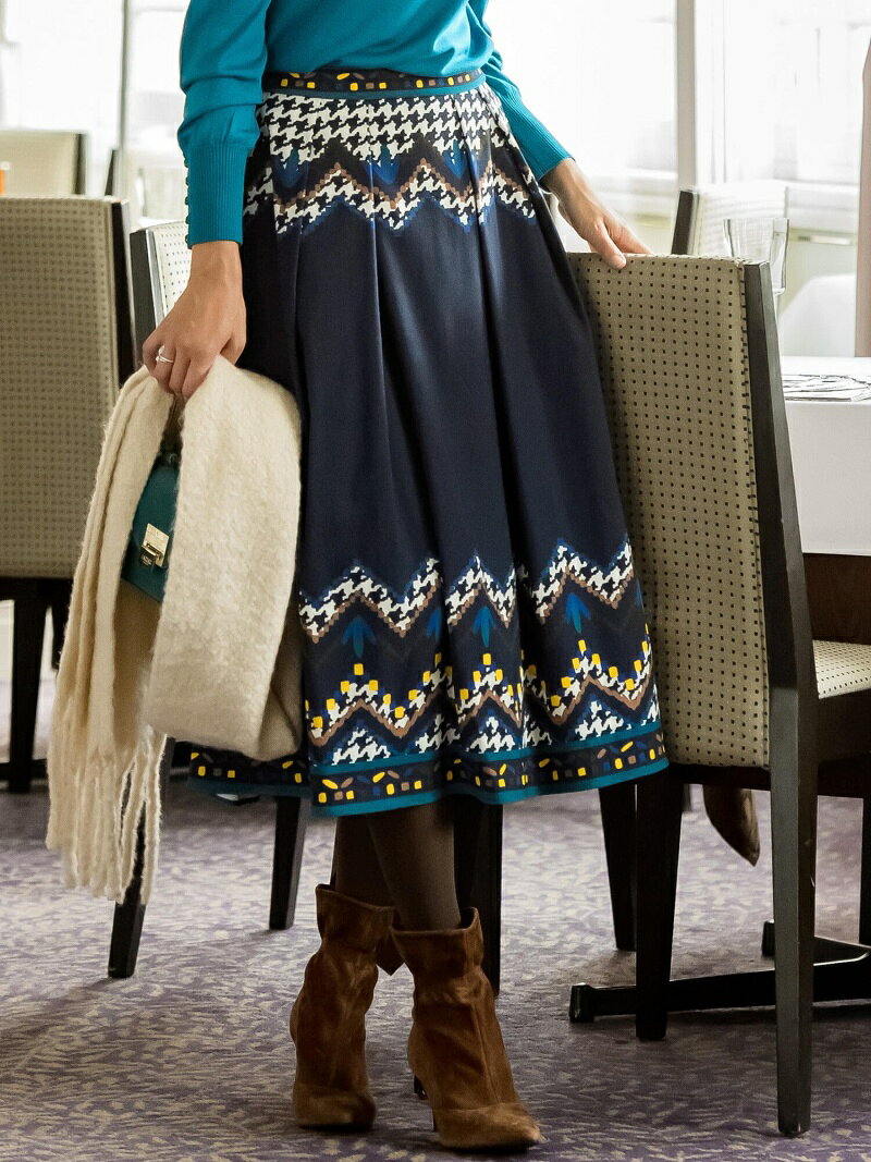 【SALE／70%OFF】Viaggio Blu 千鳥プリントスカート ビアッジョブルー スカート ロング・マキシスカート ブラウン ネイビー【送料無料】のサムネイル