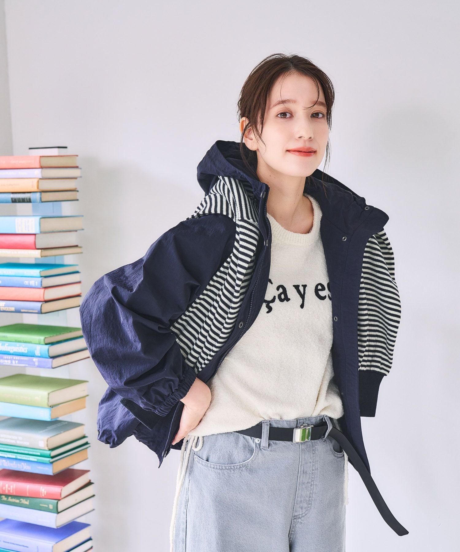 studio CLIP ロゴ刺繍ドロストプルオーバー スタディオクリップ トップス ニット ホワイト ネイビー グレー