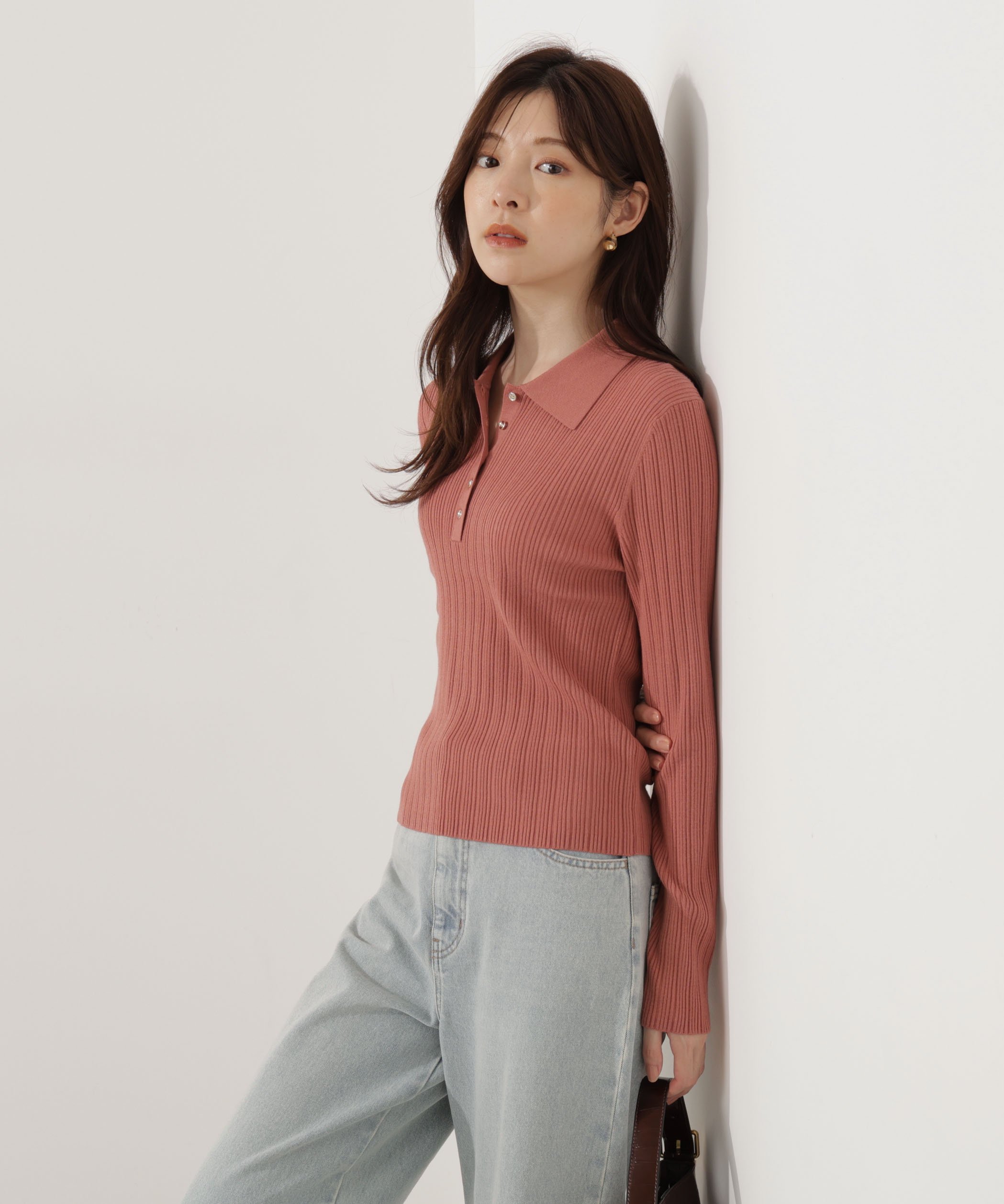 PROPORTION BODY DRESSING ＜ウォッシャブル＞ポロリブニット 25AW プロポーションボディドレッシング トップス ニット ピンク ベージュ グレー