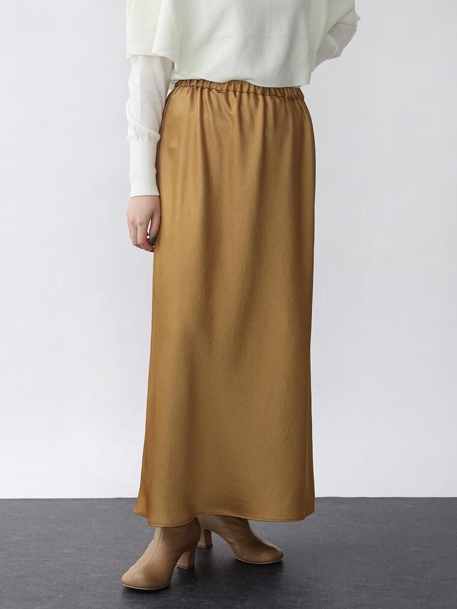 Aga サテンストレートスカート ラシュッド スカート ロング・マキシスカート ブラック ホワイト イエロー【送料無料】