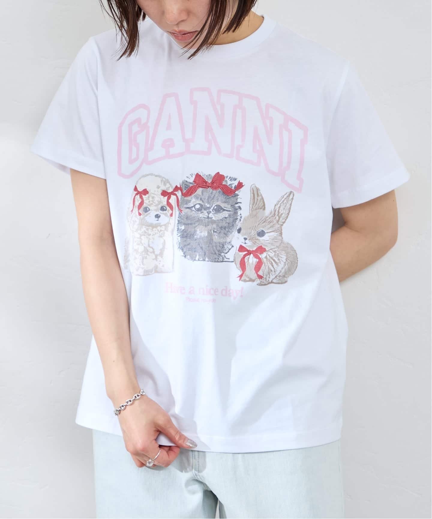 U by SPICK&SPAN GANNI / ガニー Basic Cotton Jersey Cute Animals ユーバイスピックアンドスパン トップス カットソー・Tシャツ ホワイト【送料無料】