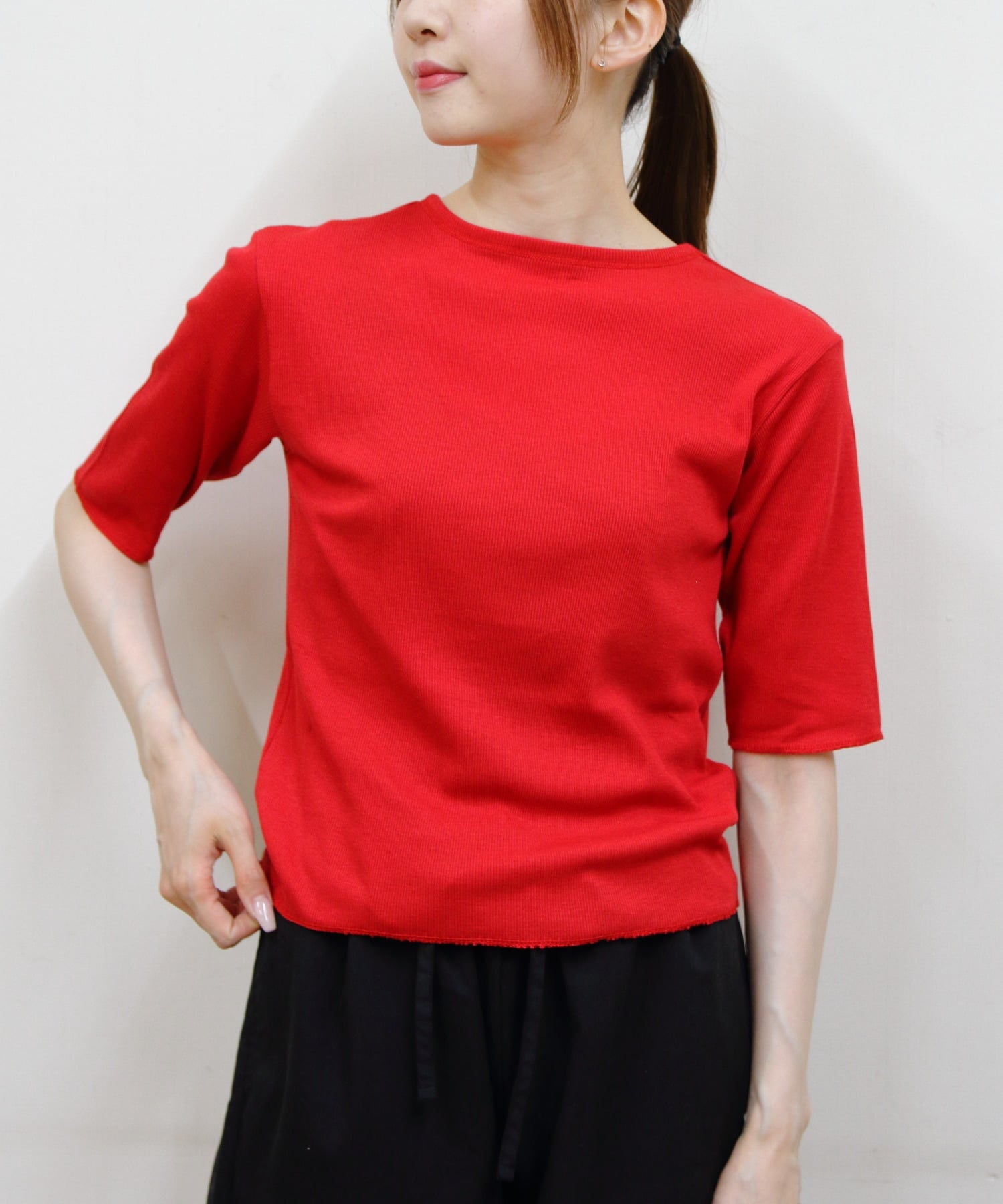 MEYAME MEYAME/(W)MEYAME/SOFT RIB HALF SLEEVE TEE ステップス トップス カットソー・Tシャツ ブラック グリーン レッド