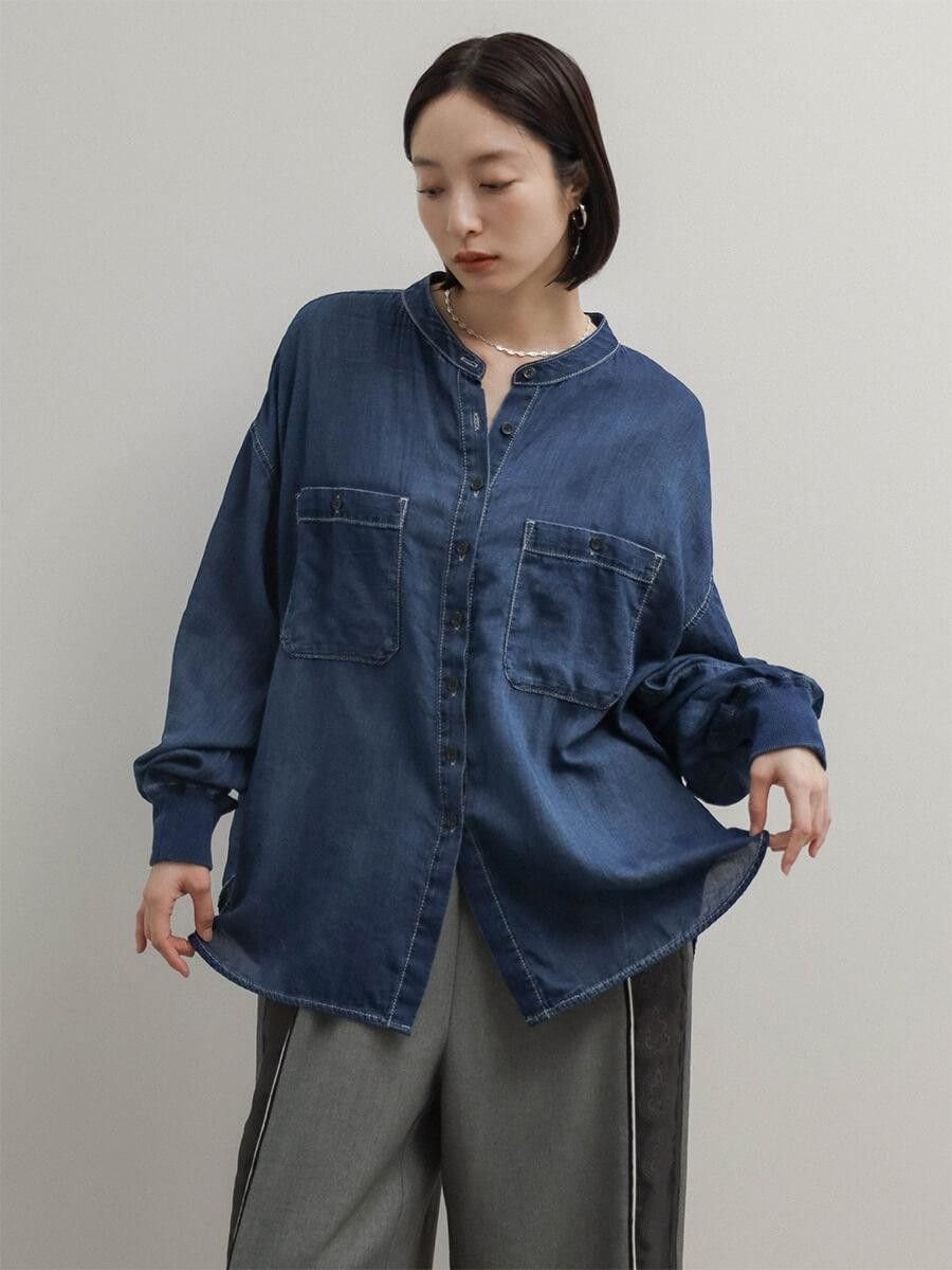 RADIATE ソフトコットンクルーネックデニムシャツ ラシュッド トップス シャツ・ブラウス グレー ブルー