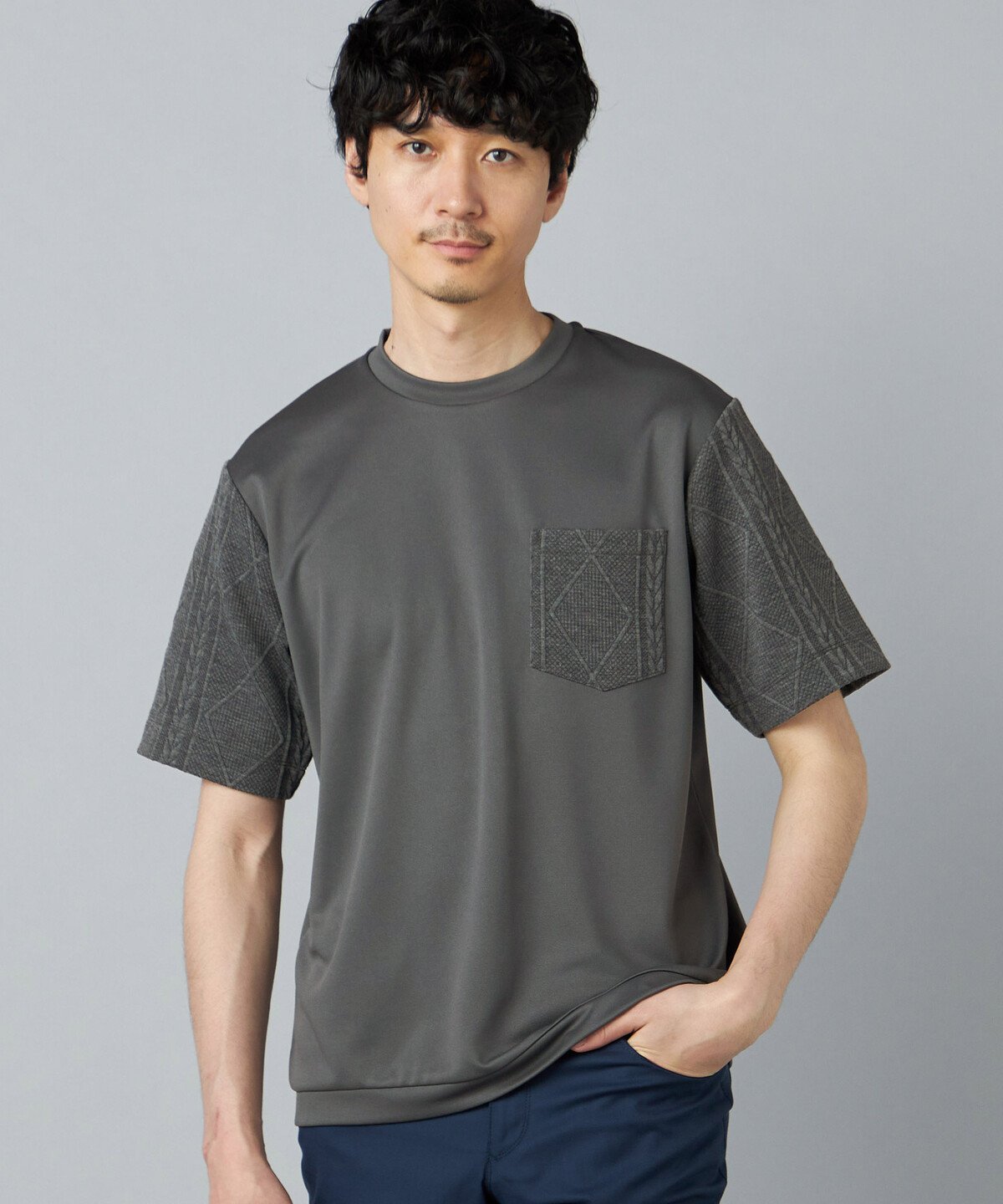 COMME CA MEN ダイヤ柄コンビ Tシャツ コムサメン トップス カットソー・Tシャツ ホワイト ブラック グレー【送料無料】