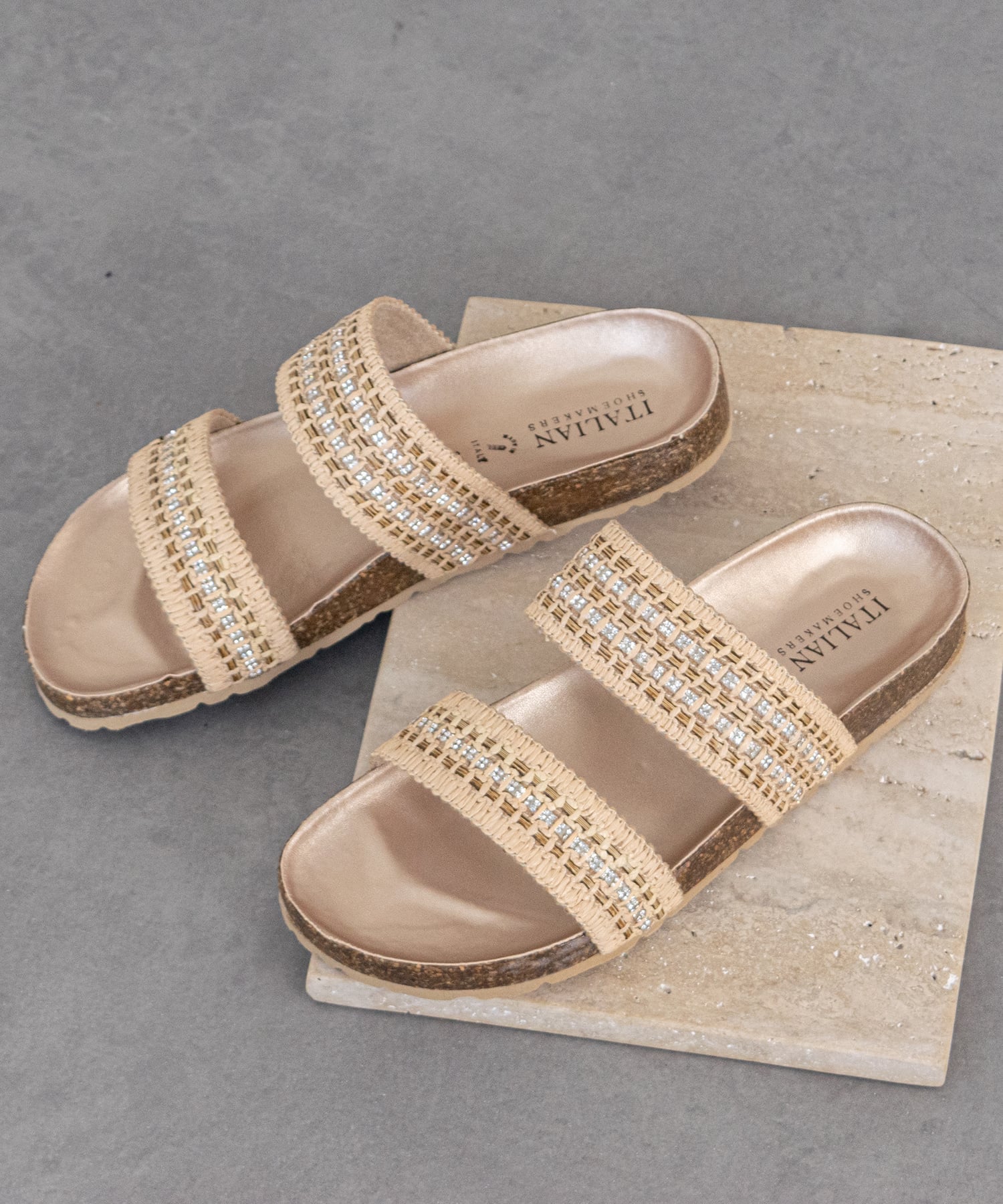 ITALIAN SHOEMAKERS 【ITALIAN SHOEMAKERS】ラインストーンダブルベルトフラットサンダル インターショシュール シューズ・靴 サンダル