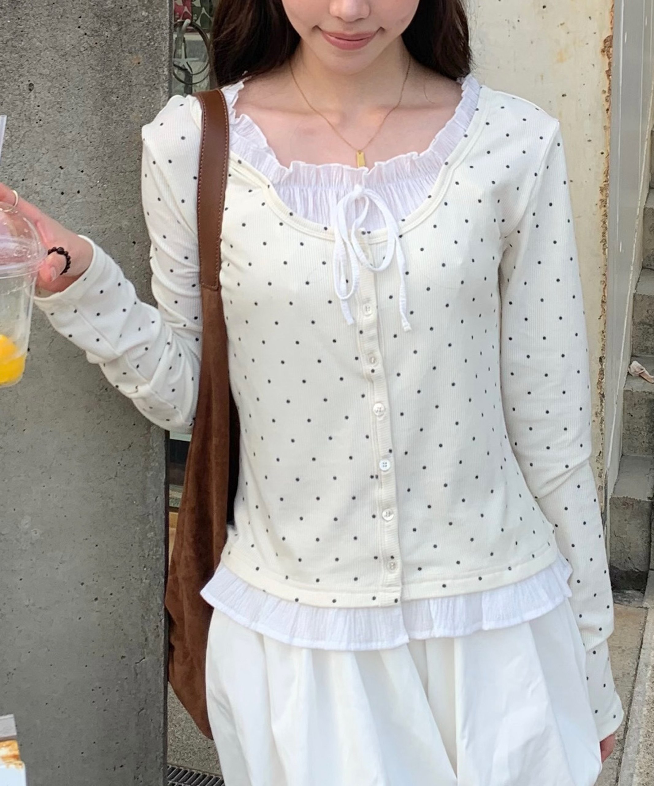 フェイクレイヤードフロントボタンカットソー フリーズ マート トップス カットソー・Tシャツ ベージュ ネイビー グレー ブラウン