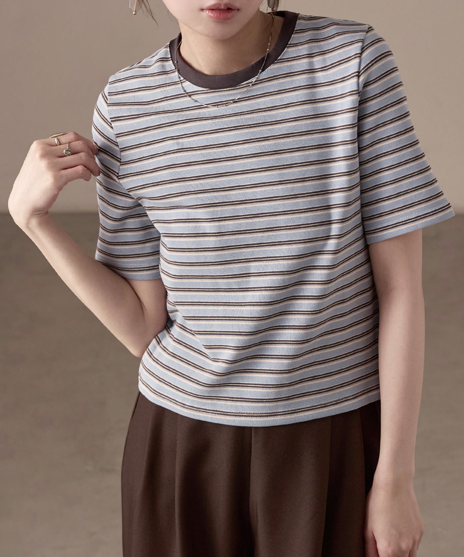 FashionLetter フライス マルチボーダーミニTシャツ ビーフラット トップス カットソー・Tシャツ グレー ブルー パープル ホワイト ブラウン【送料無料】