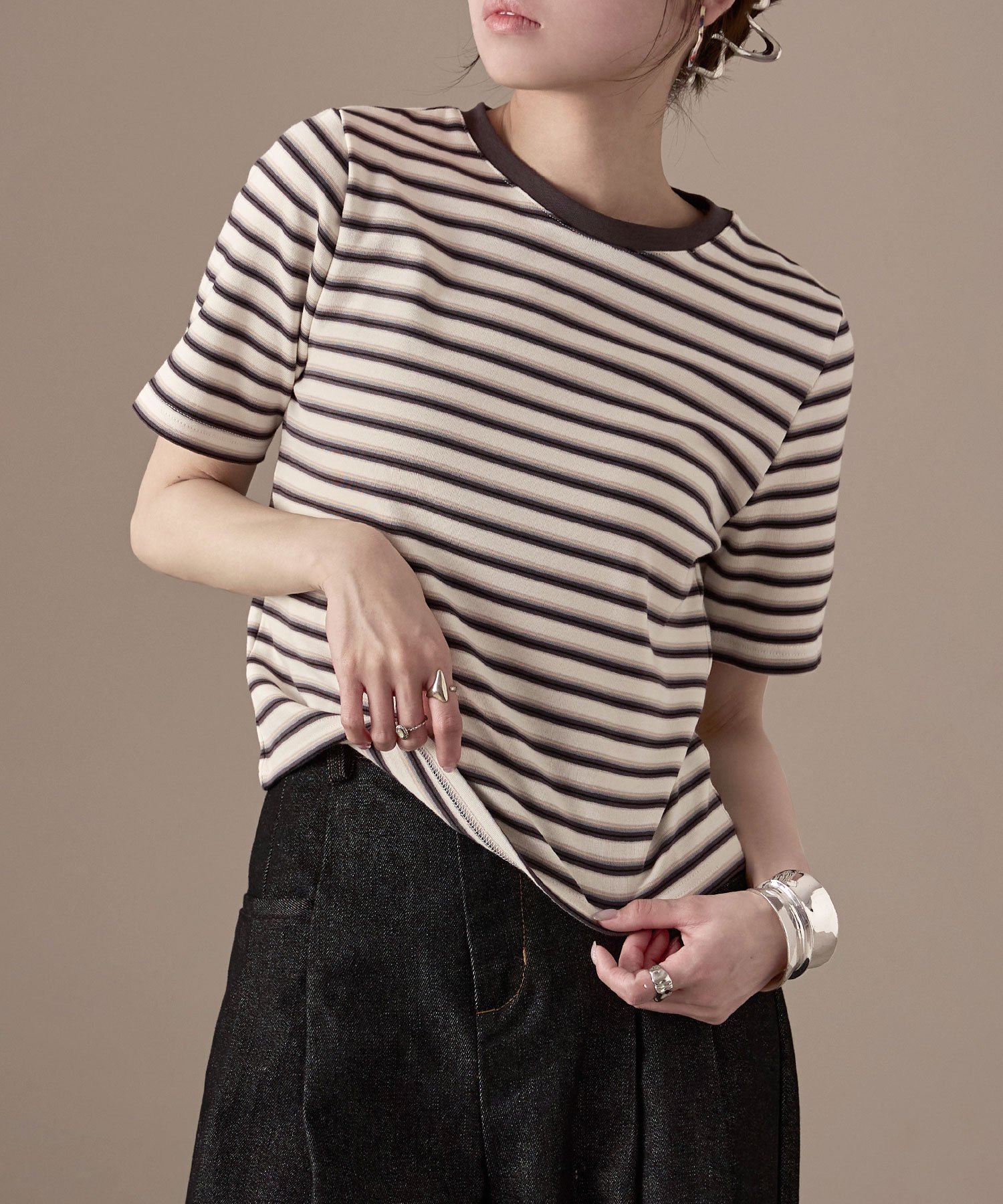 フライス マルチボーダーミニTシャツ ビーフラット トップス カットソー・Tシャツ グレー ブルー パープル ホワイト ブラウン
