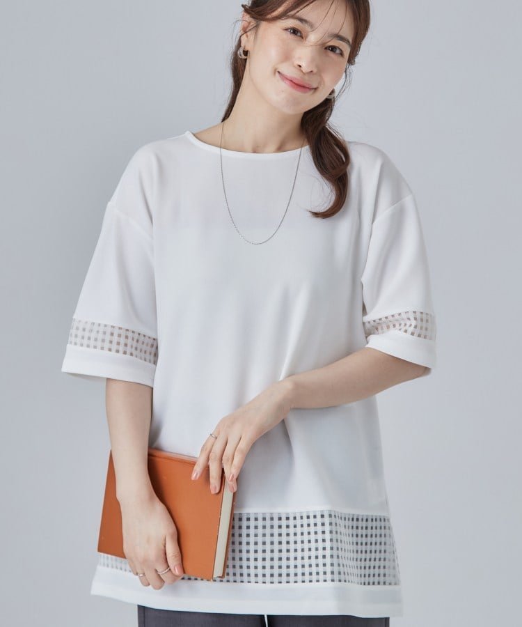 SHOO・LA・RUE 【S-LL】上品に体型カバー 大人のシアーチェックチュニック シューラルー ワンピース・ドレス チュニック ネイビー グレー ホワイト