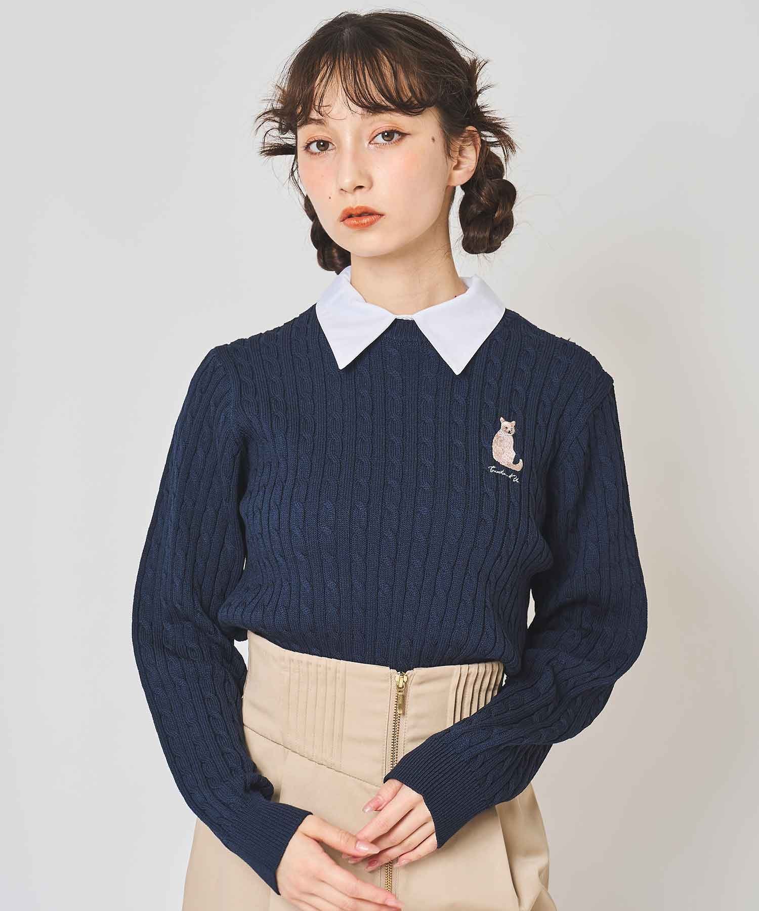 31 Sons de mode ネコ刺繍襟付きケーブルニット トランテアン ソン ドゥ モード トップス ニット ネイビー レッド ホワイト イエロー