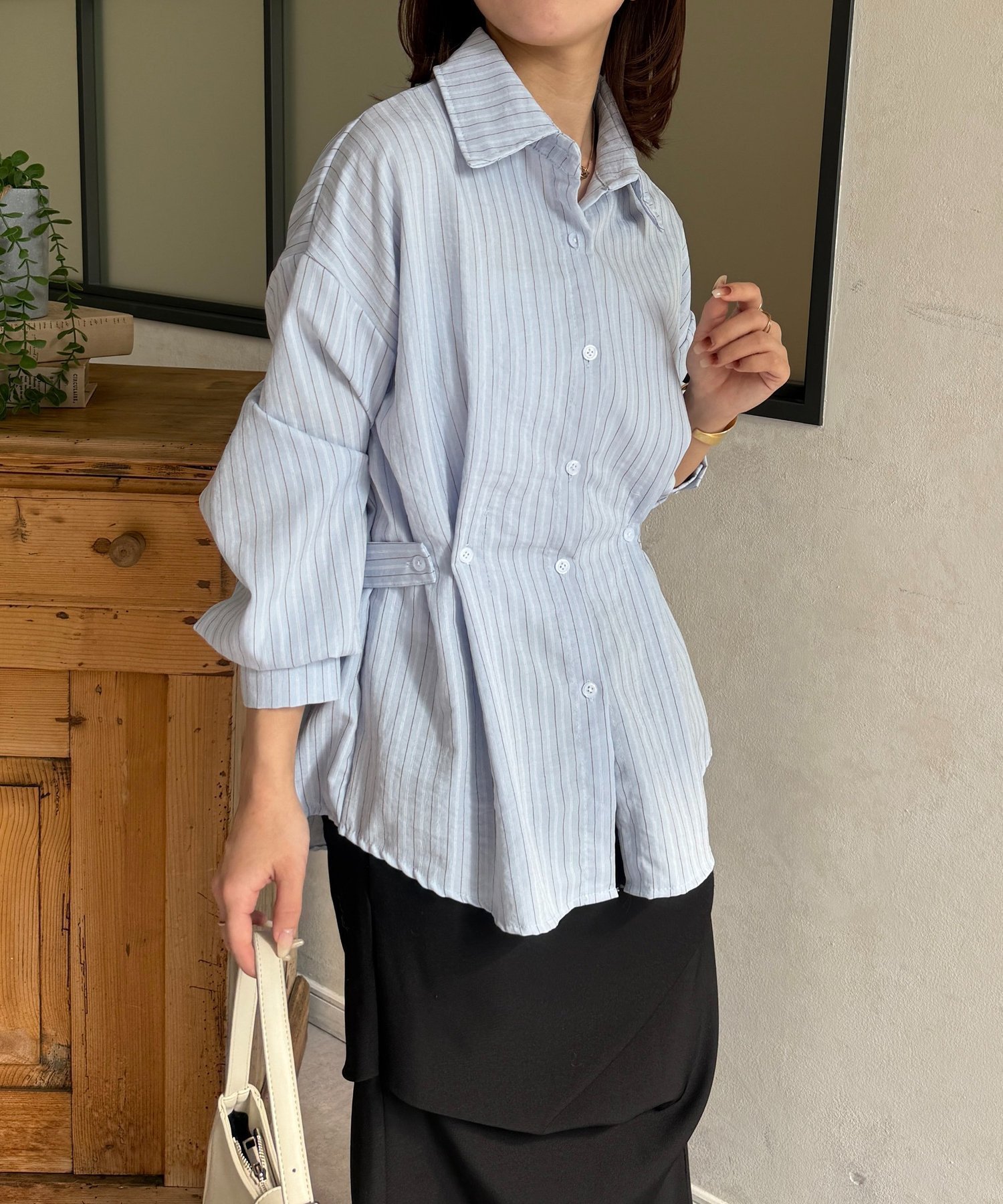 Thevon. ウエストベルトストライプシャツ ゼヴォン トップス シャツ・ブラウス ブラウン ピンク ブルー ベージュ【送料無料】