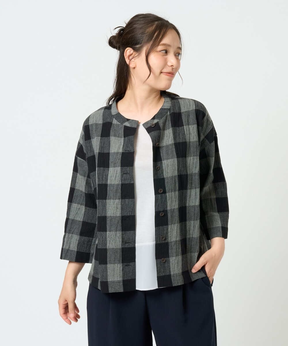 [洗える・日本製]先染めブロックチェックブラウス ジャンニロジュディーチェ トップス シャツ・ブラウス ブラック ブルー