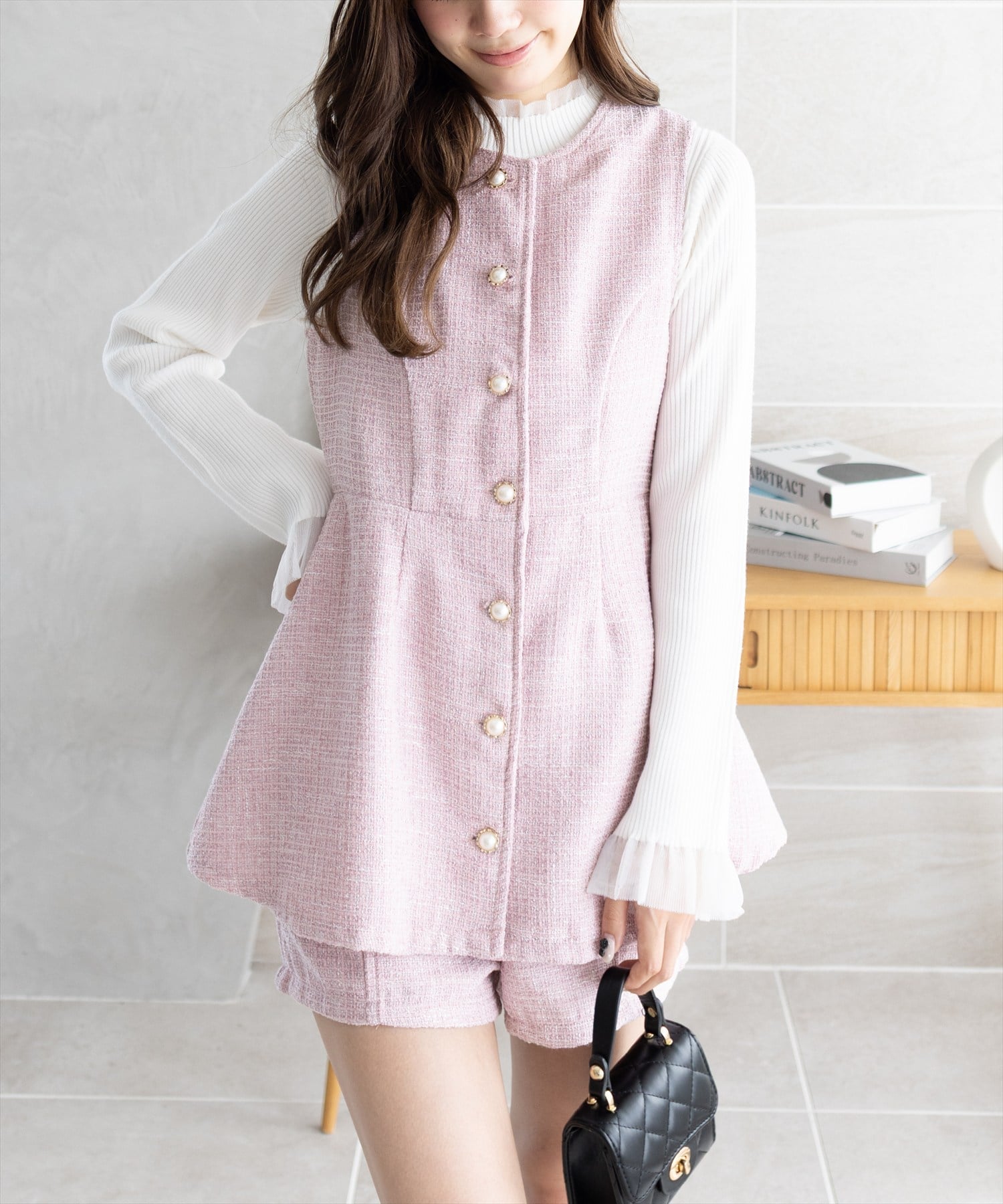 【SALE／20%OFF】clear フロントボタンツイードチュニック&ショートパンツセット クリア オールインワン・オーバーオール その他のオールインワン・オーバーオール ブラウン ピンク ブラック ホワイト【送料無料】