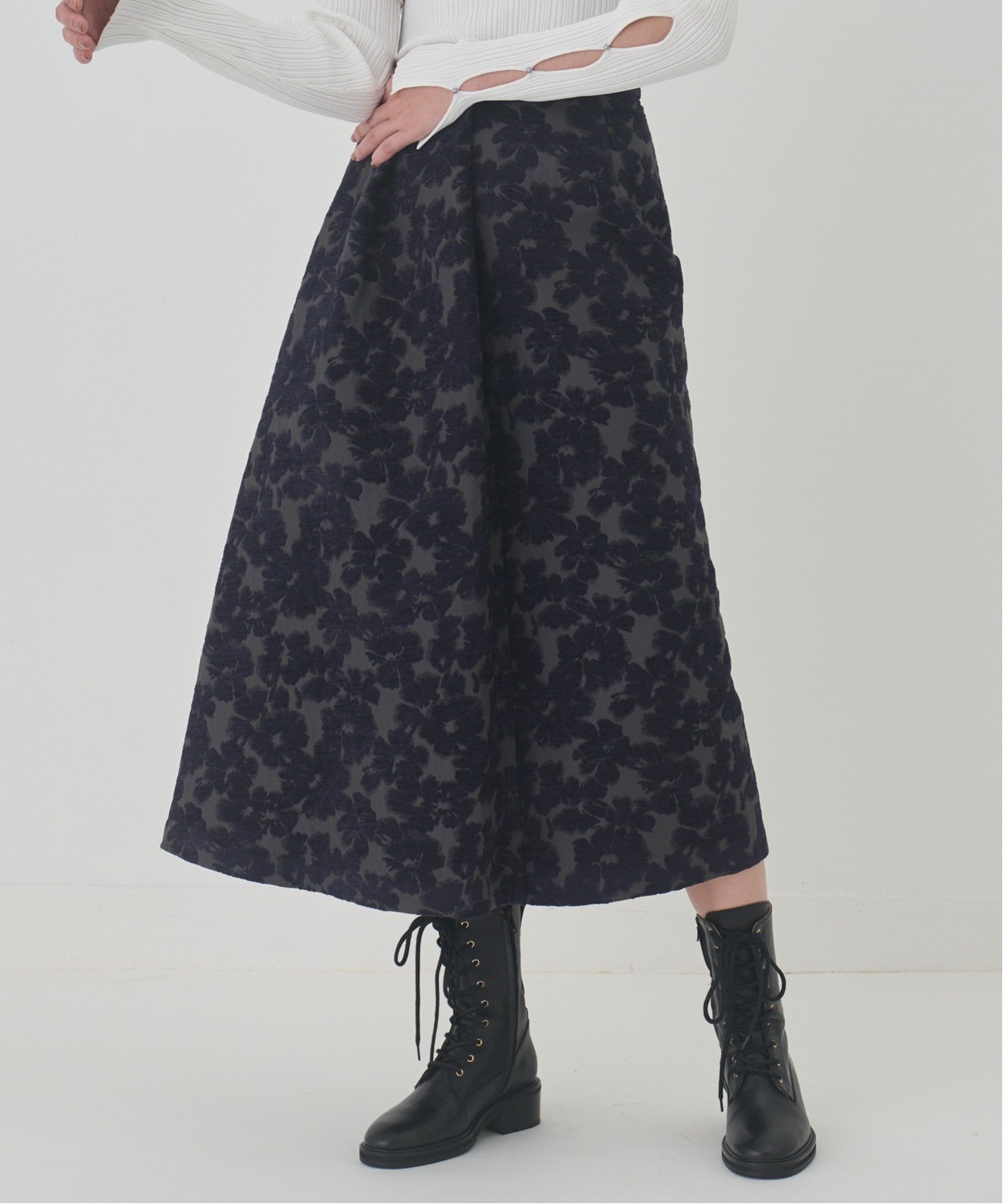 【SALE／30%OFF】LE CIEL BLEU ジャガードハーフフレアスカート / Jacquard Half Flare Skirt ルシェルブルー スカート ミディアムスカート ネイビー【送料無料】