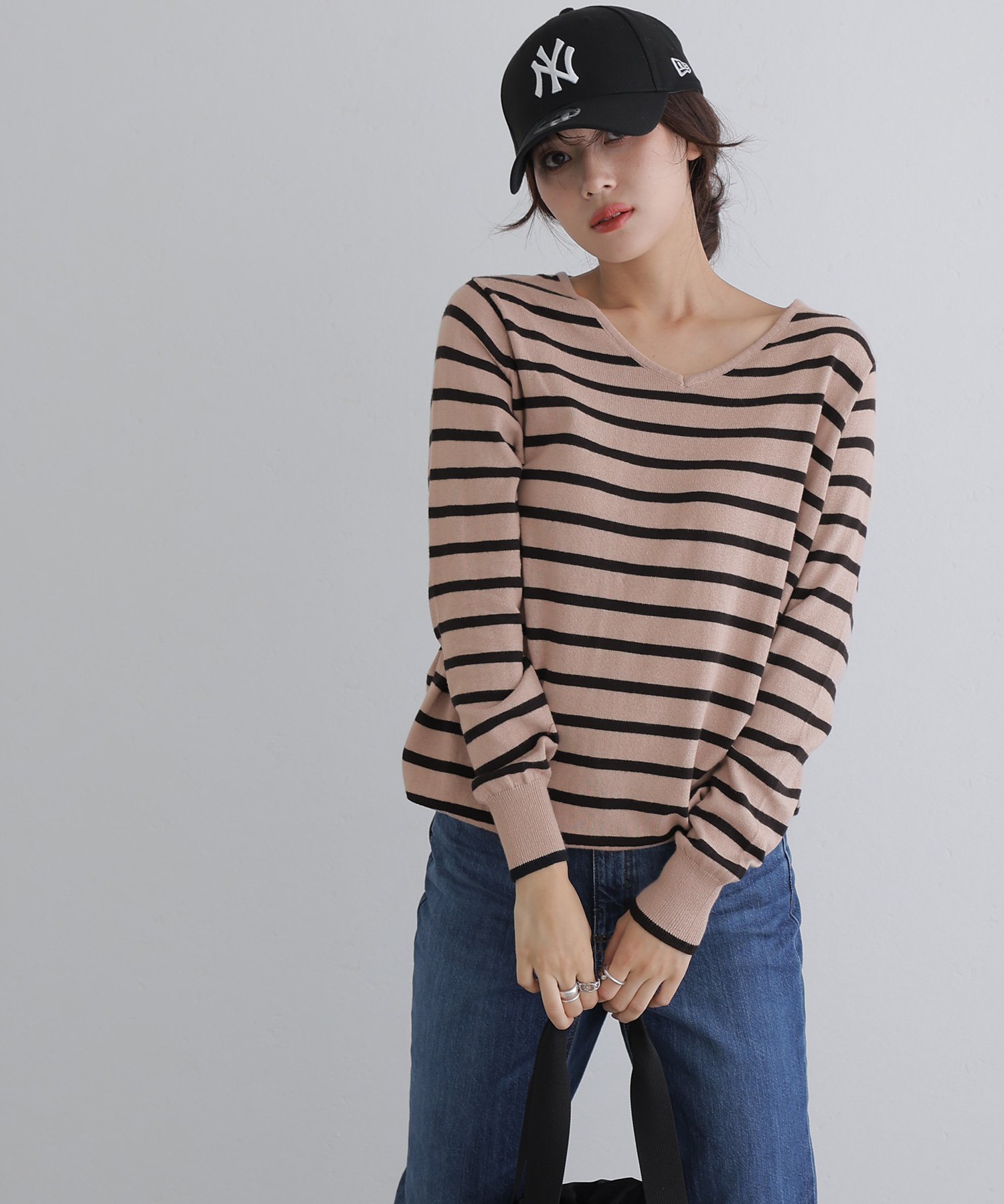 PourVous Vネックボーダーニット カットソーきれいめトップス 長袖 ニット レディース プールヴー トップス ニット ホワイト ブラック ネイビー