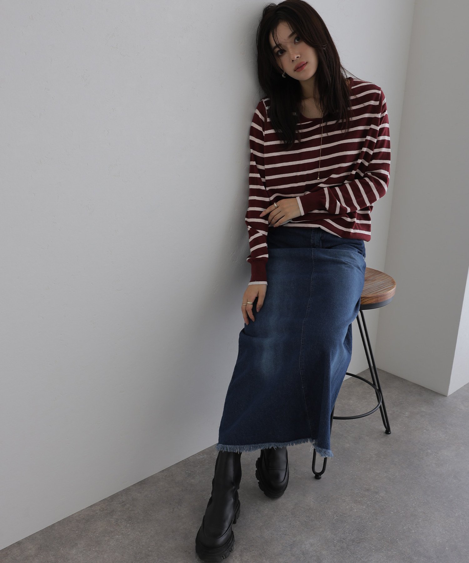 PourVous Vネックボーダーニット カットソーきれいめトップス 長袖 ニット レディース プールヴー トップス ニット ホワイト ブラック ネイビー【送料無料】