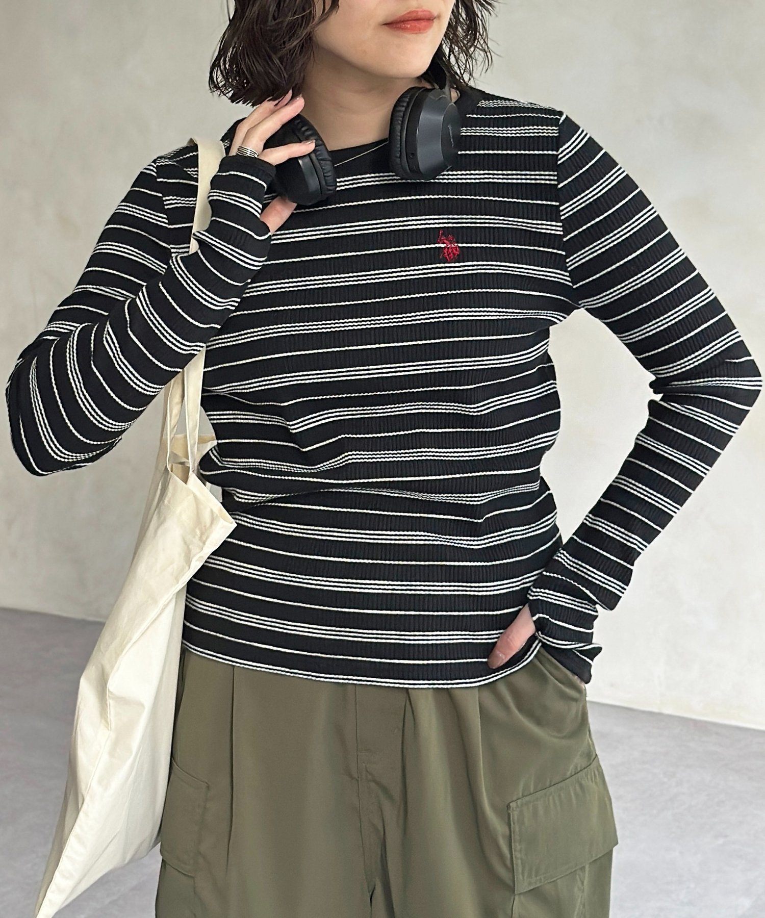 【SALE／28%OFF】CPCM 【U.S. POLO ASSN. 】クルーネックリブロンT シーピーシーエム トップス カットソー・Tシャツ グレー ブラック ホワイト