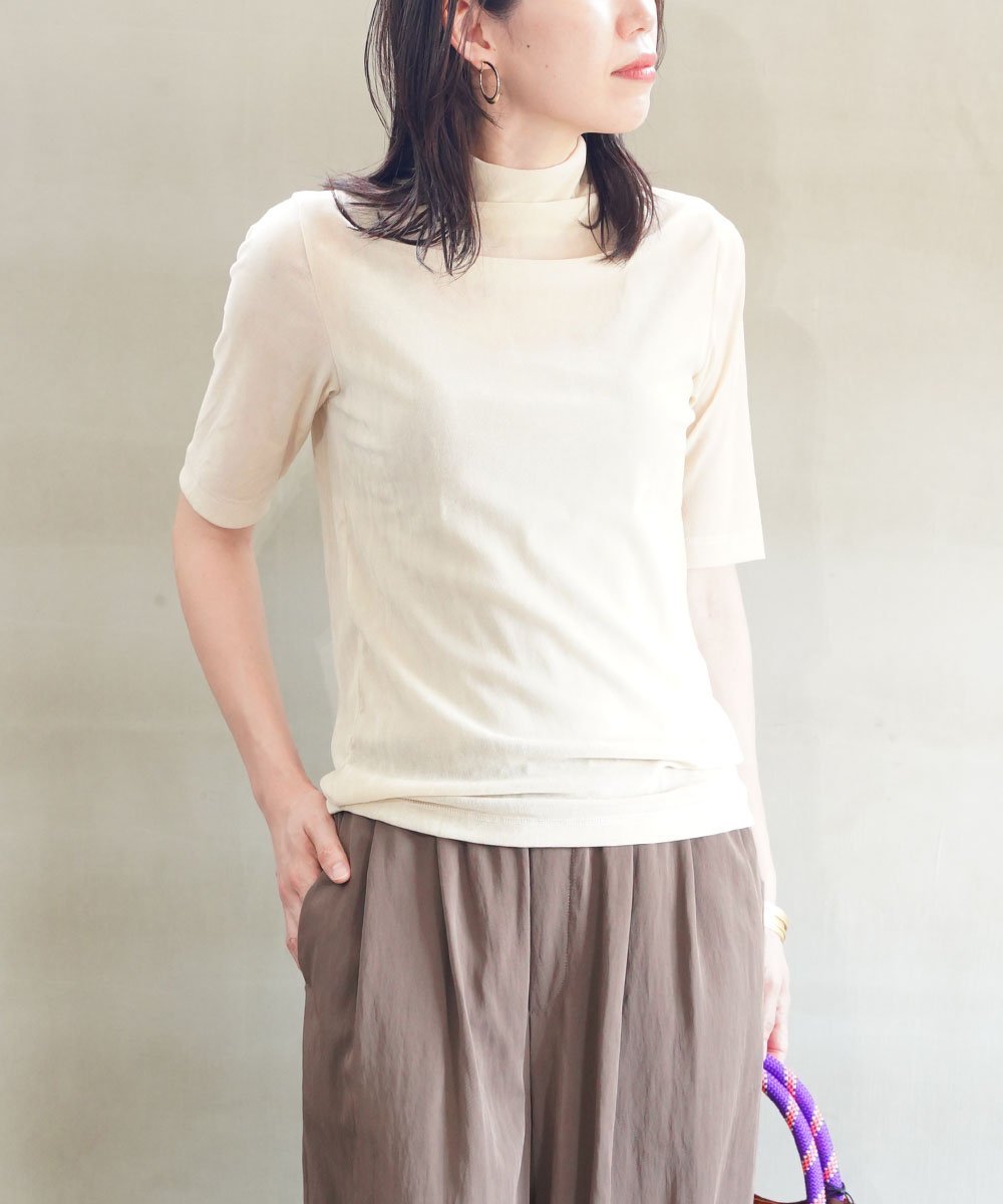 PUPULA ププラ チュールフロッキー 5分袖 タートルネック プルオーバー ブルーコムブルー トップス カットソー・Tシャツ