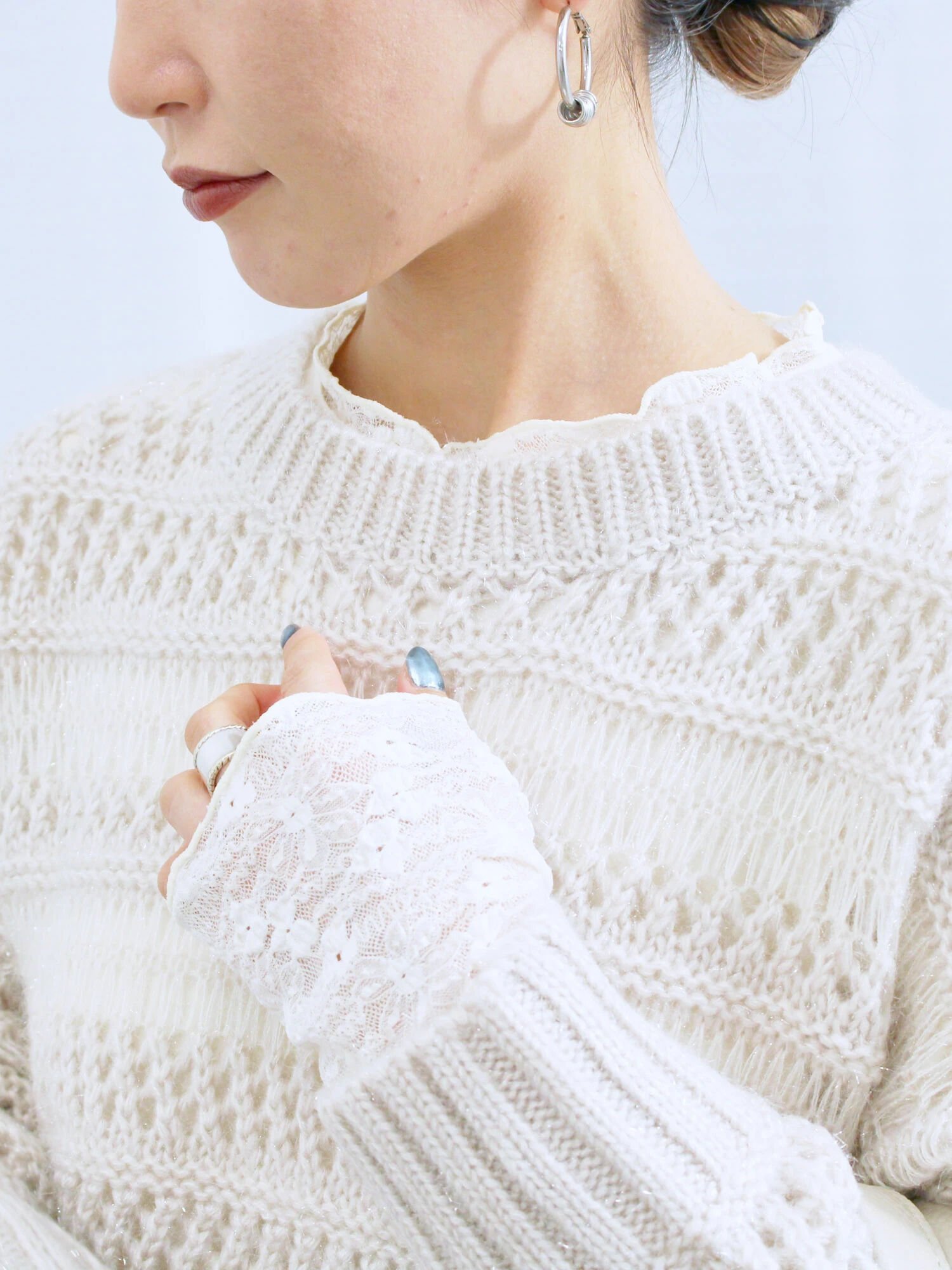 Samansa Mos2 blue 【帯電防止】袖口レースプルオーバー サマンサモスモス トップス カットソー・Tシャツ グレー ベージュ ホワイト