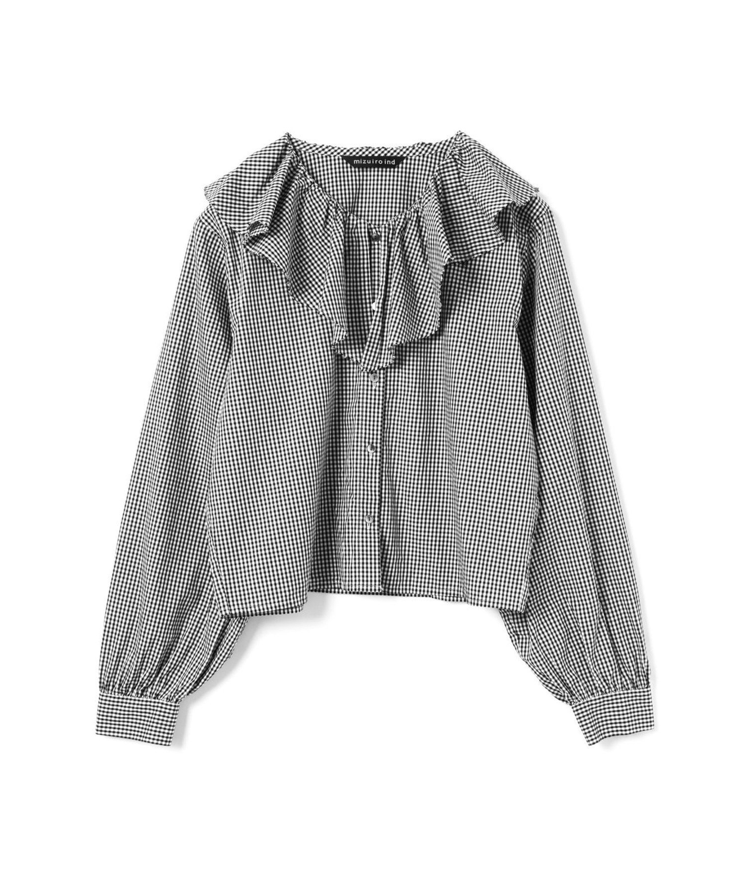 mizuiro ind mizuiro ind チェックフリルギャザーカラーシャツ マーコート トップス シャツ・ブラウス グレー ブラック
