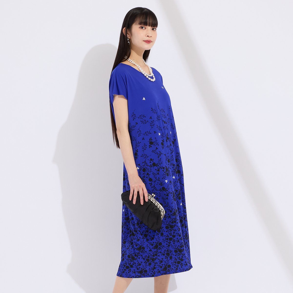Liliane Burty 【M~4L】ウォッシャブルフラワープリントワンピース リリアンビューティ ワンピース・ドレス ワンピース ブルー ブラック