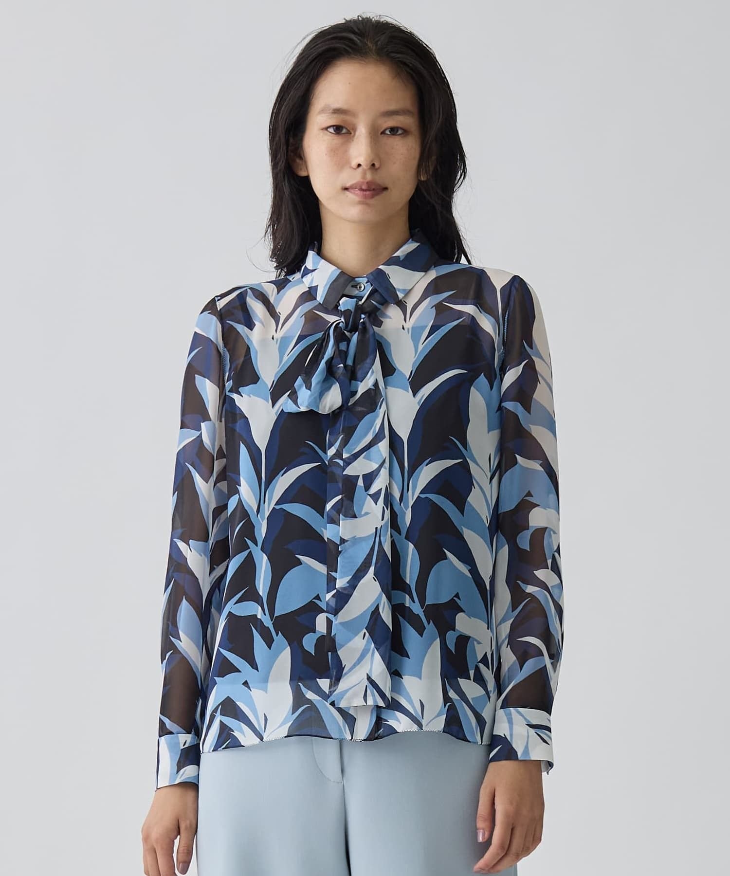 LANVIN COLLECTION リーフ柄プリントブラウス ランバン コレクション トップス シャツ・ブラウス ネイビー ブルー【送料無料】