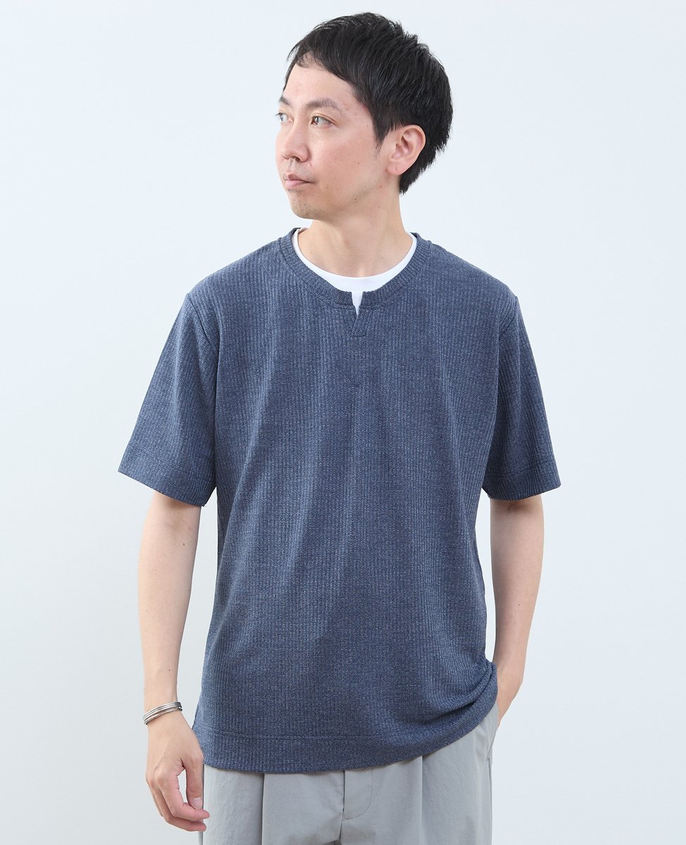 MEN'S MELROSE リンクスストライプ フェイクレイヤードキーネックTシャツ メンズメルローズ トップス カットソー・Tシャツ ネイビー ブルー