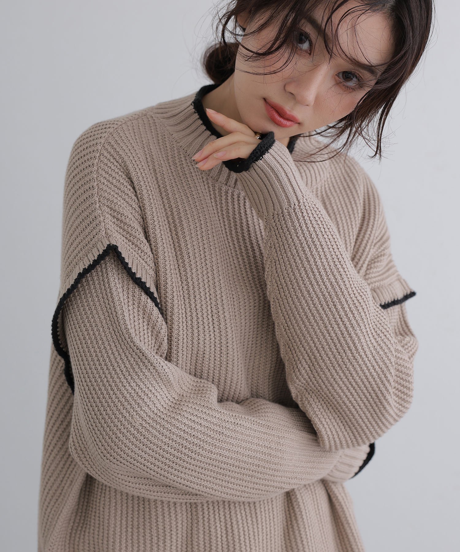 PourVous ハイネック ボリュームニット カットソーきれいめトップス 長袖ニット レディース プールヴー トップス ニット ブラック